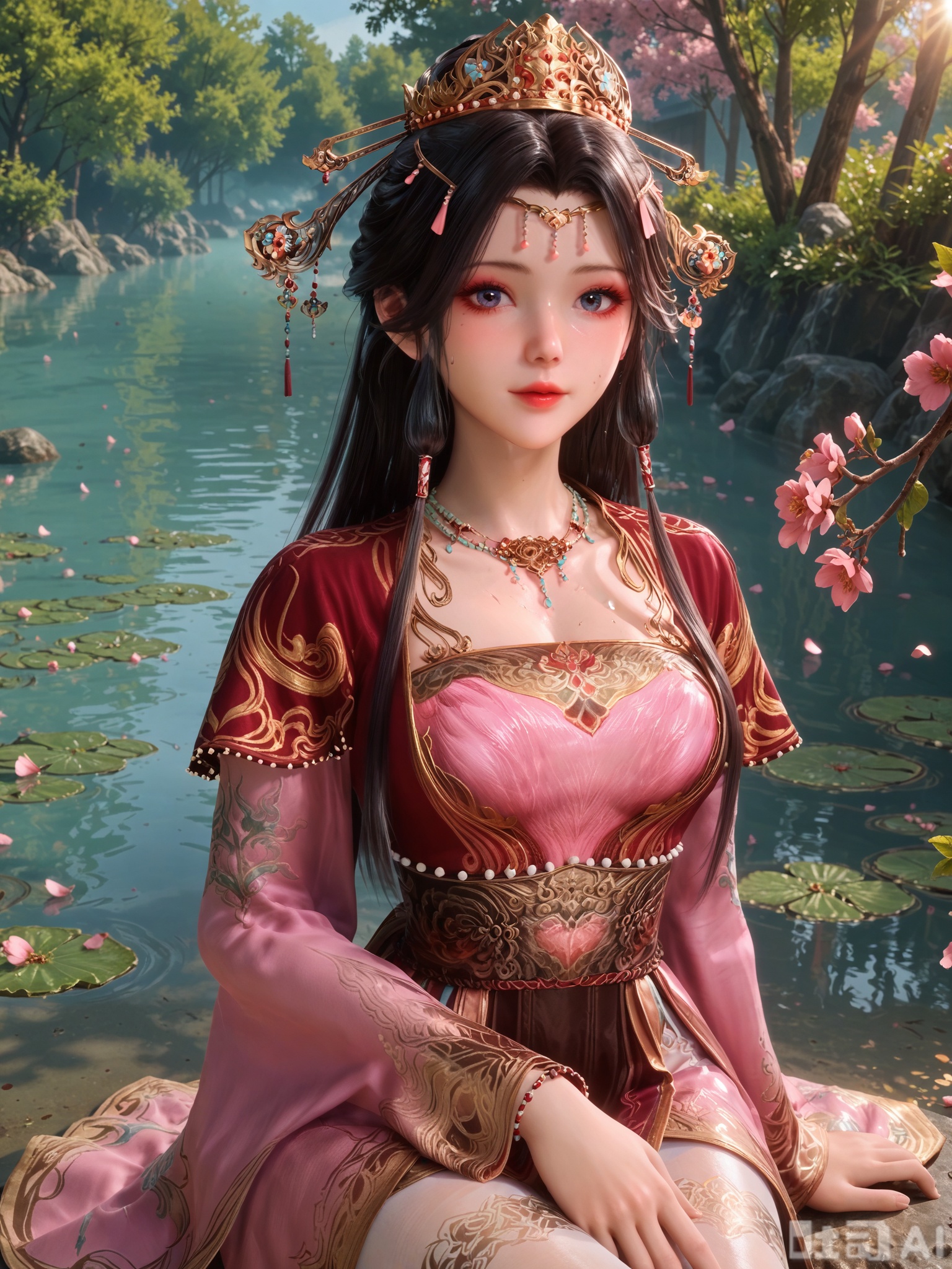 score_9,score_8_up,score_7_up,source_cartoon,source_anime,1girl,looking_at_viewer,realistic,Vivid Colors,bright environment,delicate water,hair_ornament,shiny skin,shiny hair,reflection,dress,falling petals,extreme detail description,(upper body:0.3),put one hand on your chest,long_hair,(skindentation:1.3),bright,sunshine on face,light,sweating,light,glowing,sunshine,bright,reflection,(pale_skin:1.3),white pantyhose,sitting_down,black-hair,outside,peach blossom,stream,Peach Blossom Grove,