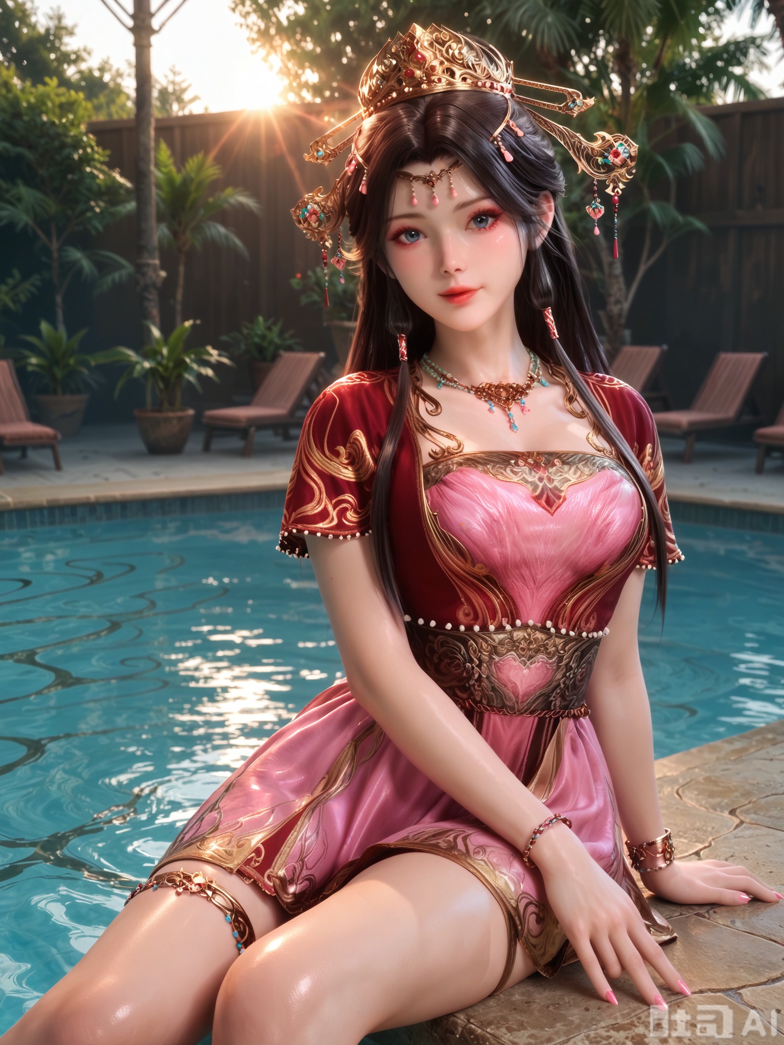 score_9,score_8_up,score_7_up,realistic,photorealistic rendering,1girl,looking_at_viewer,Vivid Colors,god rays,insanely intricate details,light,bright environment,pool,peach blossom,delicate water,hair_ornament,glowing,shiny,shiny skin,shiny hair,reflection,dress,extreme detail description,dynamic posture,(upper body:0.3),put one hand on your chest,long_hair,(skindentation:1.3),bright,sunshine on face,(pale_skin:1.3),sitting_down,black-hair,lens flare,anklet,pink nails,gem,metal texture,