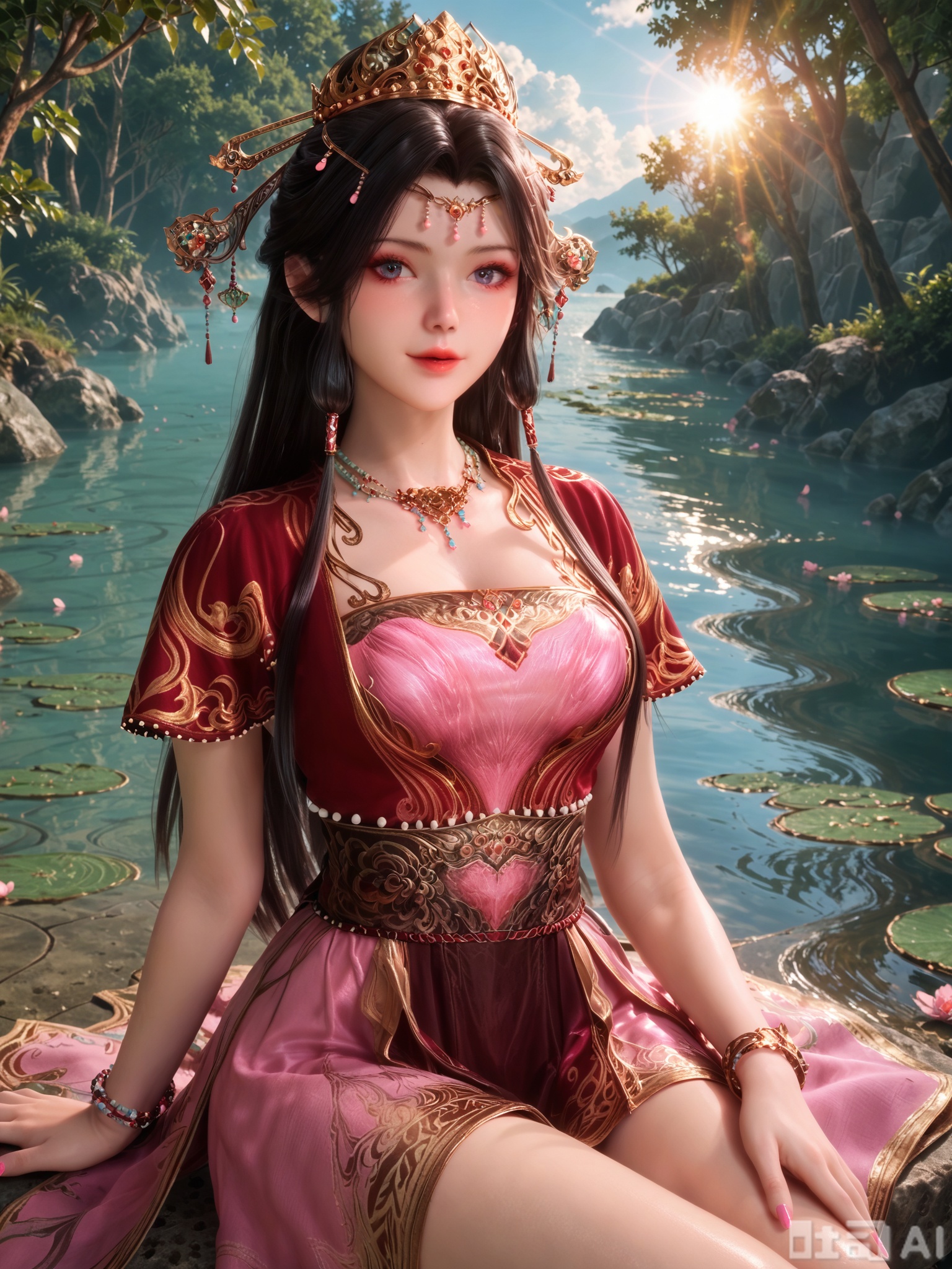 score_9,score_8_up,score_7_up,realistic,photorealistic rendering,1girl,looking_at_viewer,Vivid Colors,god rays,golden hour backlighting,insanely intricate details,light,bright environment,outside,peach blossom,delicate water,hair_ornament,glowing,shiny,shiny skin,shiny hair,reflection,dress,extreme detail description,dynamic posture,(upper body:0.3),put one hand on your chest,long_hair,(skindentation:1.3),bright,sunshine on face,(pale_skin:1.3),sitting_down,black-hair,stream,lens flare,anklet,pink nails,gem,metal texture.