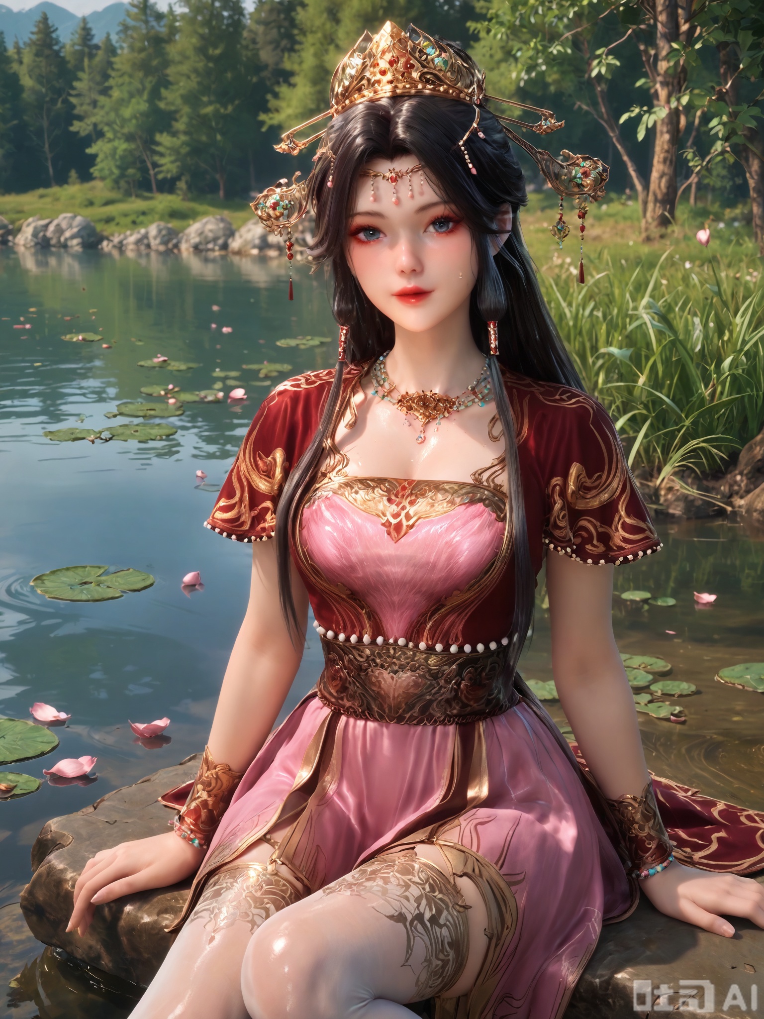 score_9,score_8_up,score_7_up,source_cartoon,source_anime,1girl,looking_at_viewer,realistic,Vivid Colors,bright environment,delicate water,hair_ornament,shiny skin,shiny hair,reflection,dress,falling petals,extreme detail description,(upper body:0.3),put one hand on your chest,long_hair,(skindentation:1.3),bright,sunshine on face,light,sweating,light,glowing,sunshine,bright,reflection,(pale_skin:1.3),white pantyhose,sitting_down,black-hair,outside,lake,