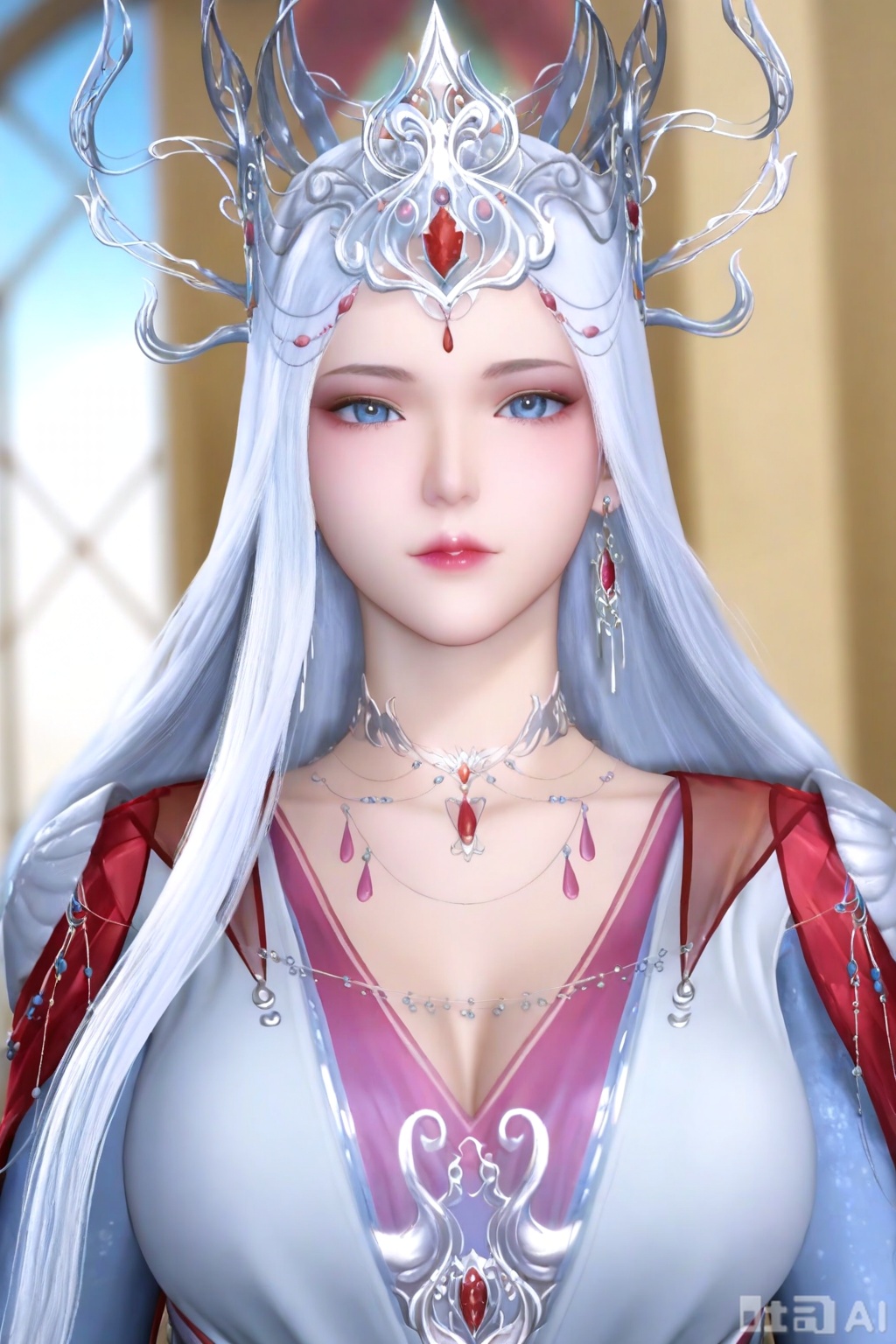 BoSaiXi,1girl, solo, long hair, looking at viewer, blue eyes,BoSaiXi dress, jewelry, upper body, white hair, earrings, indoors, necklace, tiara,crown,big breasts,cleavage