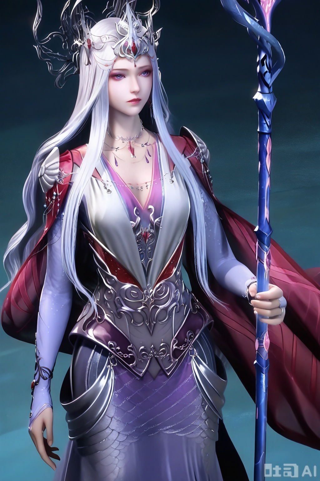 BoSaiXi,1girl, solo, long hair,BoSaiXi dress, holding, jewelry, weapon, white hair, necklace, staff,crown
