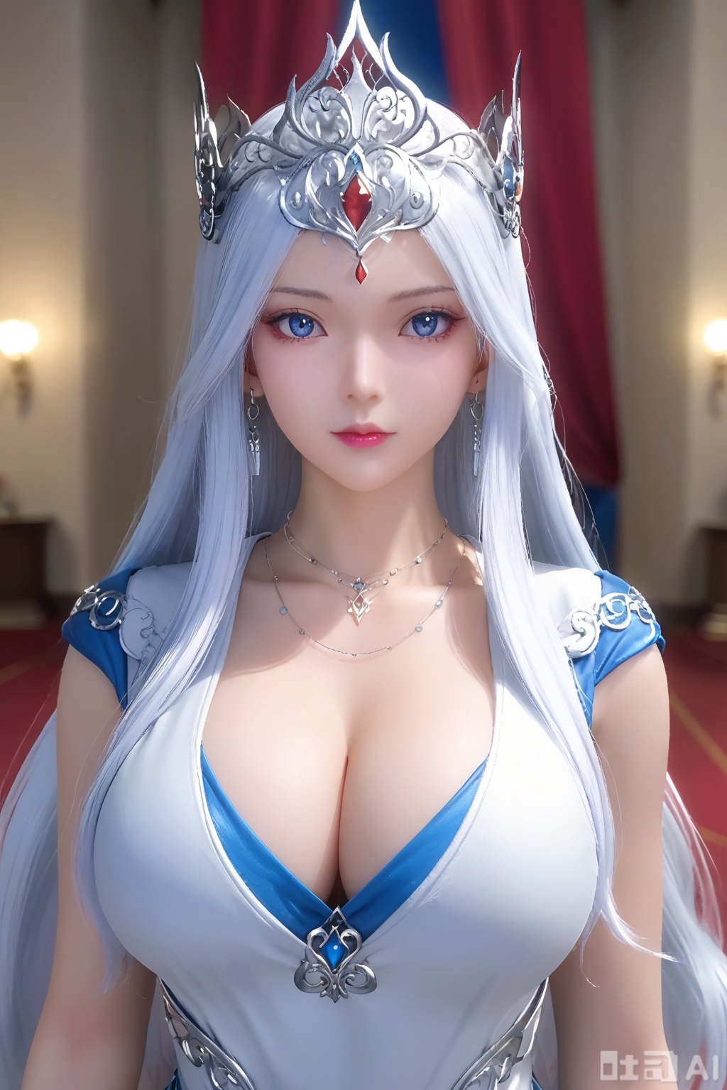 BoSaiXi,1girl, solo, long hair, looking at viewer, blue eyes,BoSaiXi dress, jewelry, upper body, white hair, earrings, indoors, necklace, tiara,crown,big breasts,cleavage