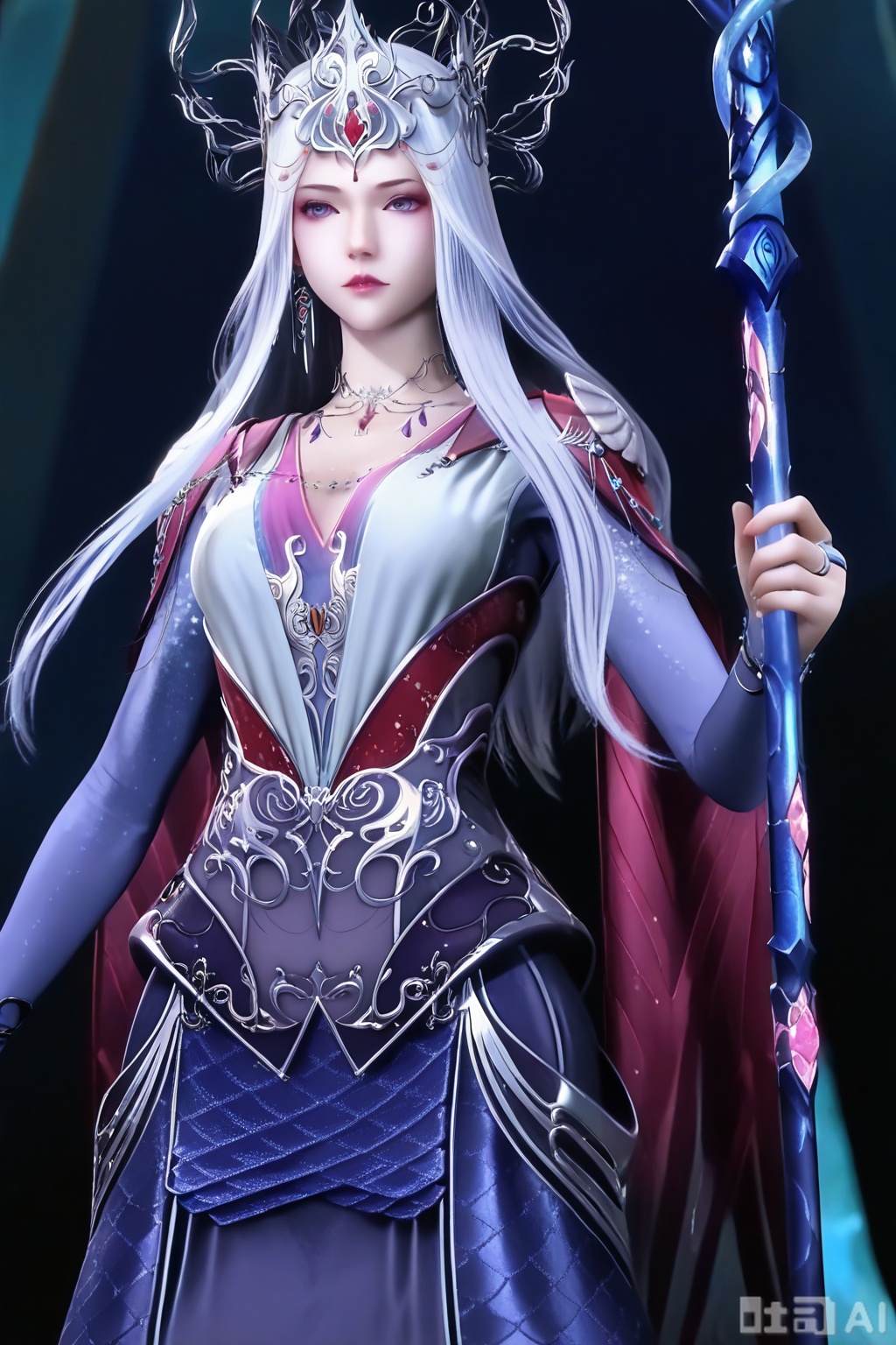BoSaiXi,1girl, solo, long hair,BoSaiXi dress, holding, jewelry, weapon, white hair, necklace, staff,crown