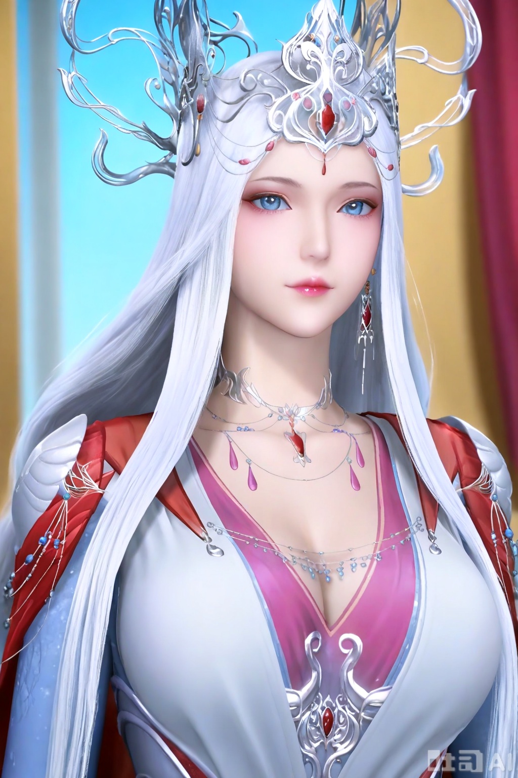 BoSaiXi,1girl, solo, long hair, looking at viewer, blue eyes,BoSaiXi dress, jewelry, upper body, white hair, earrings, indoors, necklace, tiara,crown,big breasts,cleavage