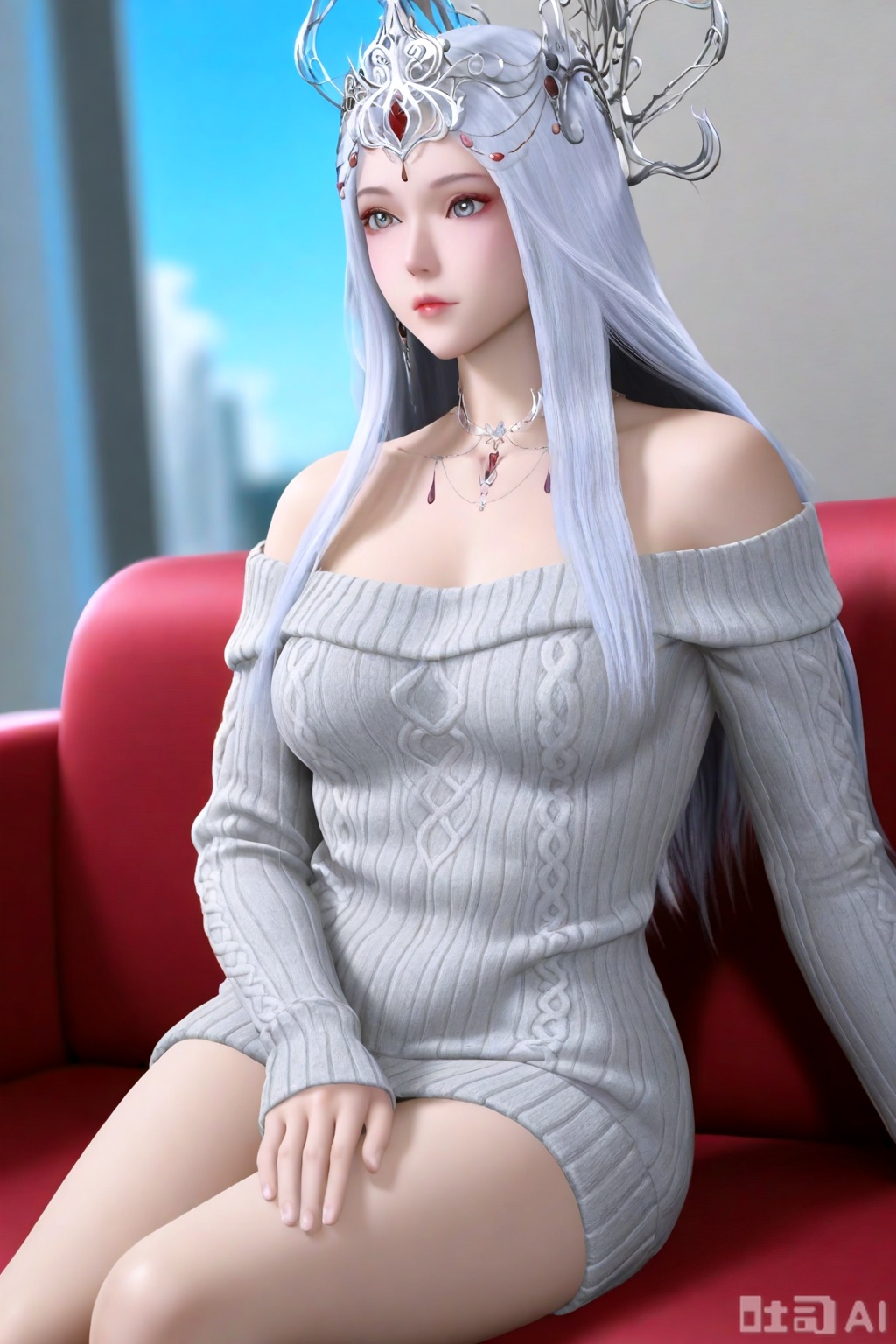 BoSaiXi,,1girl, solo,shiny_skin, long hair, white gray hair, hair ornamen,(off-shoulder sweater:1.2),indoor,sittin on the sofa, tiara,learning forward,