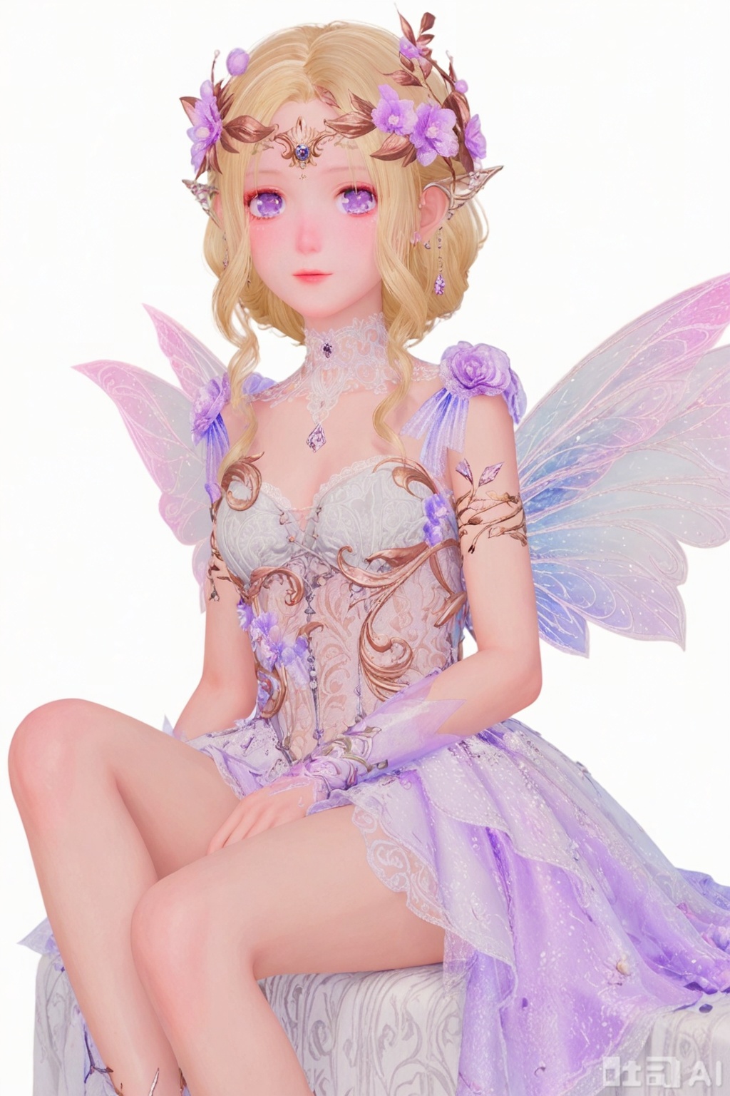 1girl, solo, looking at viewer, blonde hair, simple background, hair ornament, white background, dress, purple eyes, upper body, flower, wings, pointy ears, hair flower, white dress, purple flower, fairy wings, fairy, butterfly wings,sitting,legs,feet,