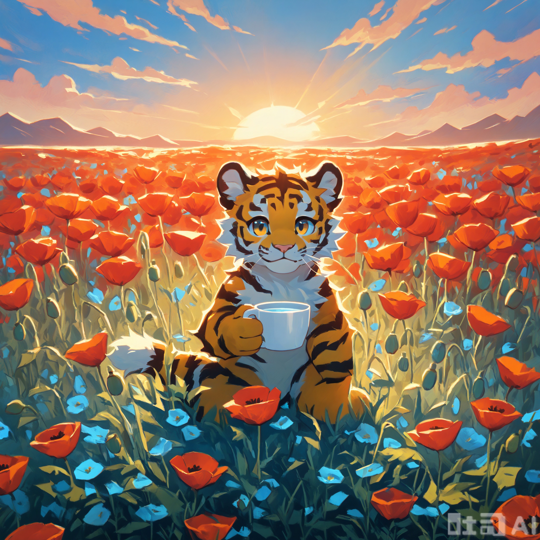 The image depicts a tiger furry sitting in a field of red poppies under a bright, sunlit sky. The tiger is holding a white cup, appearing to be enjoying a drink. The background is filled with vibrant colors, giving the scene a surreal, almost dreamlike quality. The tiger's fur is highlighted with bright orange and yellow tones, contrasting with the blue sky and red poppies. The overall atmosphere is warm and inviting, with a sense of tranquility and relaxation.WHHX