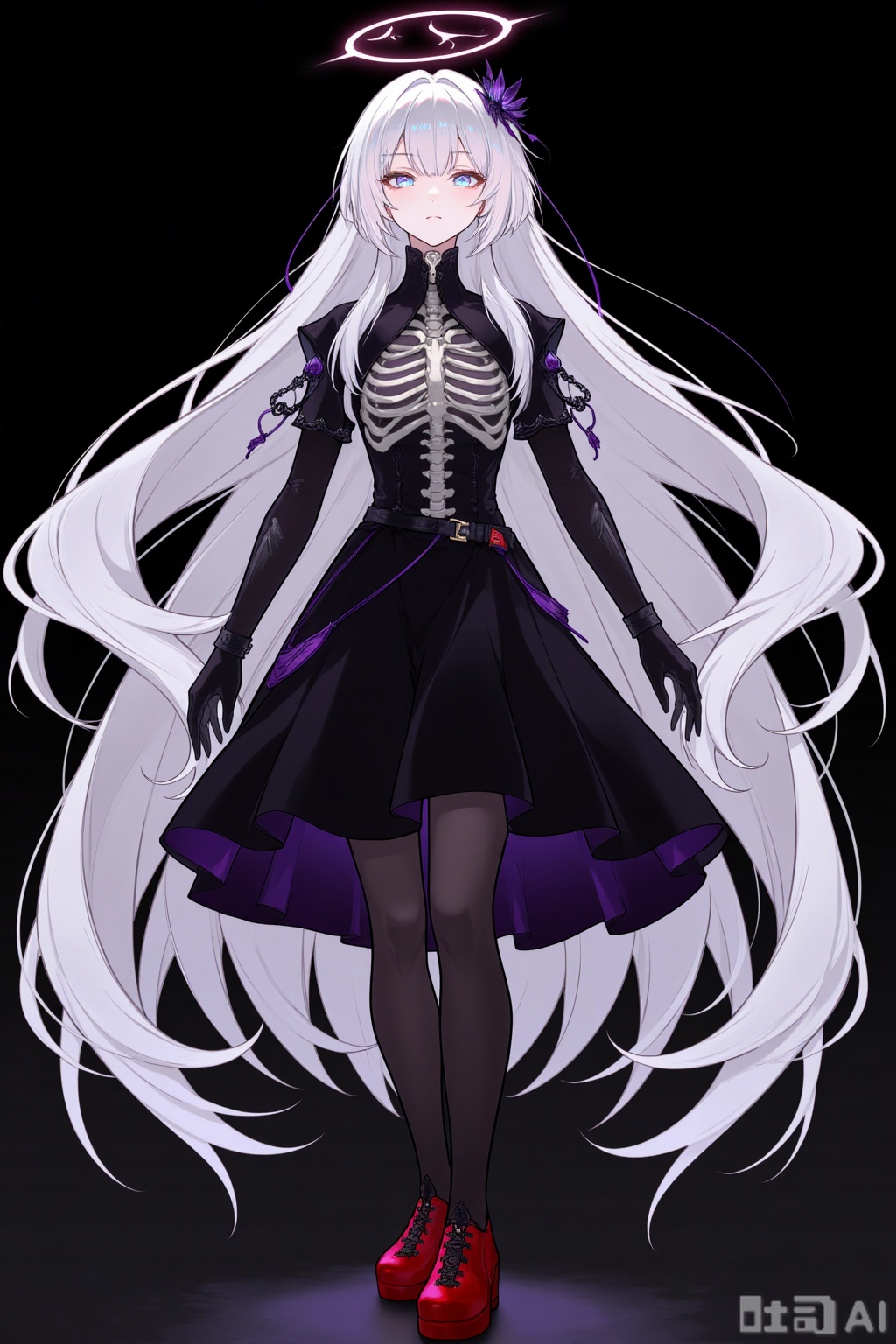 A full-body portrait of a solo girl with very long white hair flowing down her back, wearing a black dress and black gloves. She has a skeleton figure, a halo above her head, red footwear, and black pantyhose. The image is rendered in high detail with dramatic lighting, showcasing the texture of her hair, the fabric of her dress, and the intricate design of her gloves and footwear. The overall style is dark and elegant, with a mystical atmosphere.