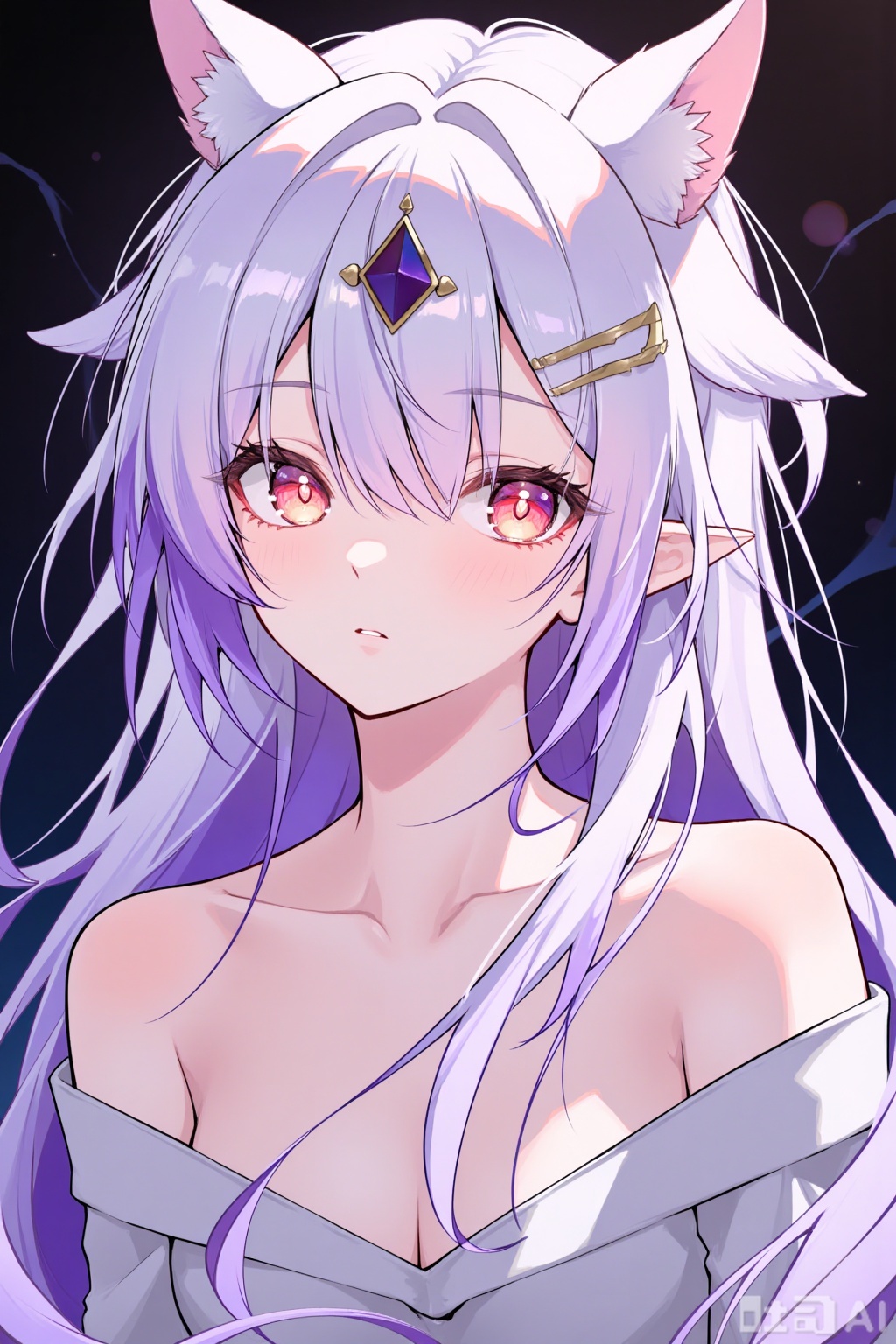 ,A solo 1girl with pointy ears and long multicolored hair, her hair ornament delicately placed above her forehead. Her hair falls between her eyes, framing her face as she looks directly at the viewer with parted lips. She has bare shoulders, her upper body beautifully highlighted by soft lighting, creating a magical and enchanting atmosphere.