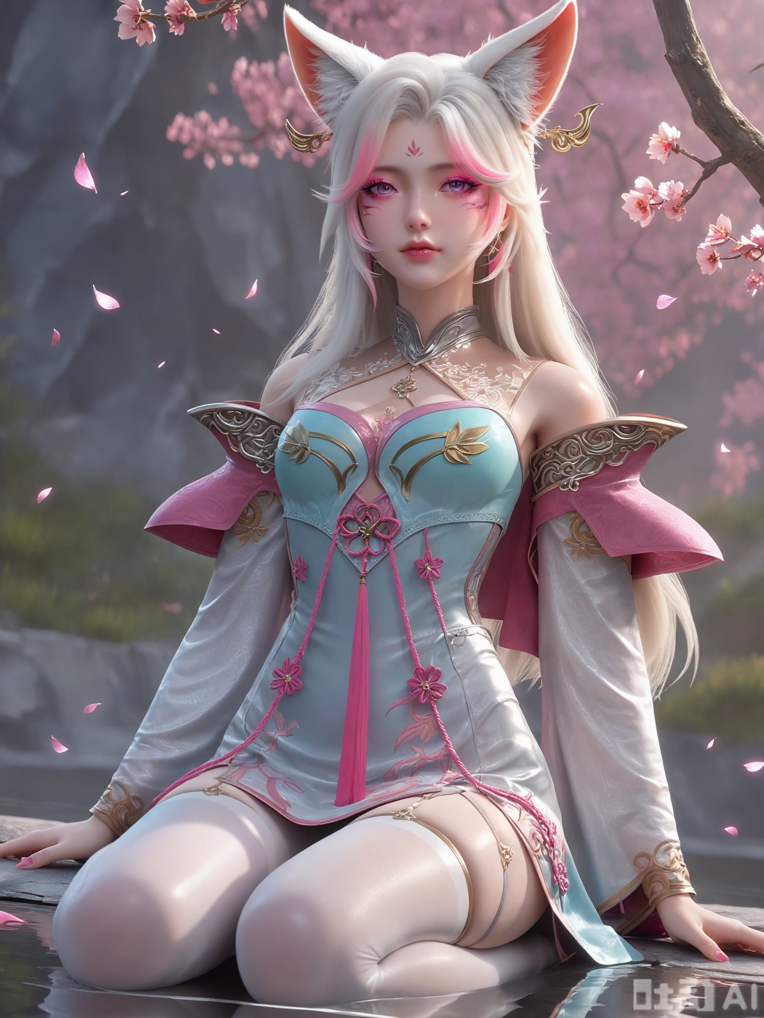 score_9,score_8_up,score_7_up,source_cartoon,source_anime,1girl,looking_at_viewer,realistic,Vivid Colors,bright environment,delicate water,hair_ornament,shiny skin,shiny hair,reflection,dress,falling petals,extreme detail description,(upper body:0.3),put one hand on your chest,long_hair,(skindentation:1.3),bright,sunshine on face,light,sweating,light,glowing,sunshine,bright,reflection,(pale_skin:1.3),white pantyhose,sitting_down,peach blossom,