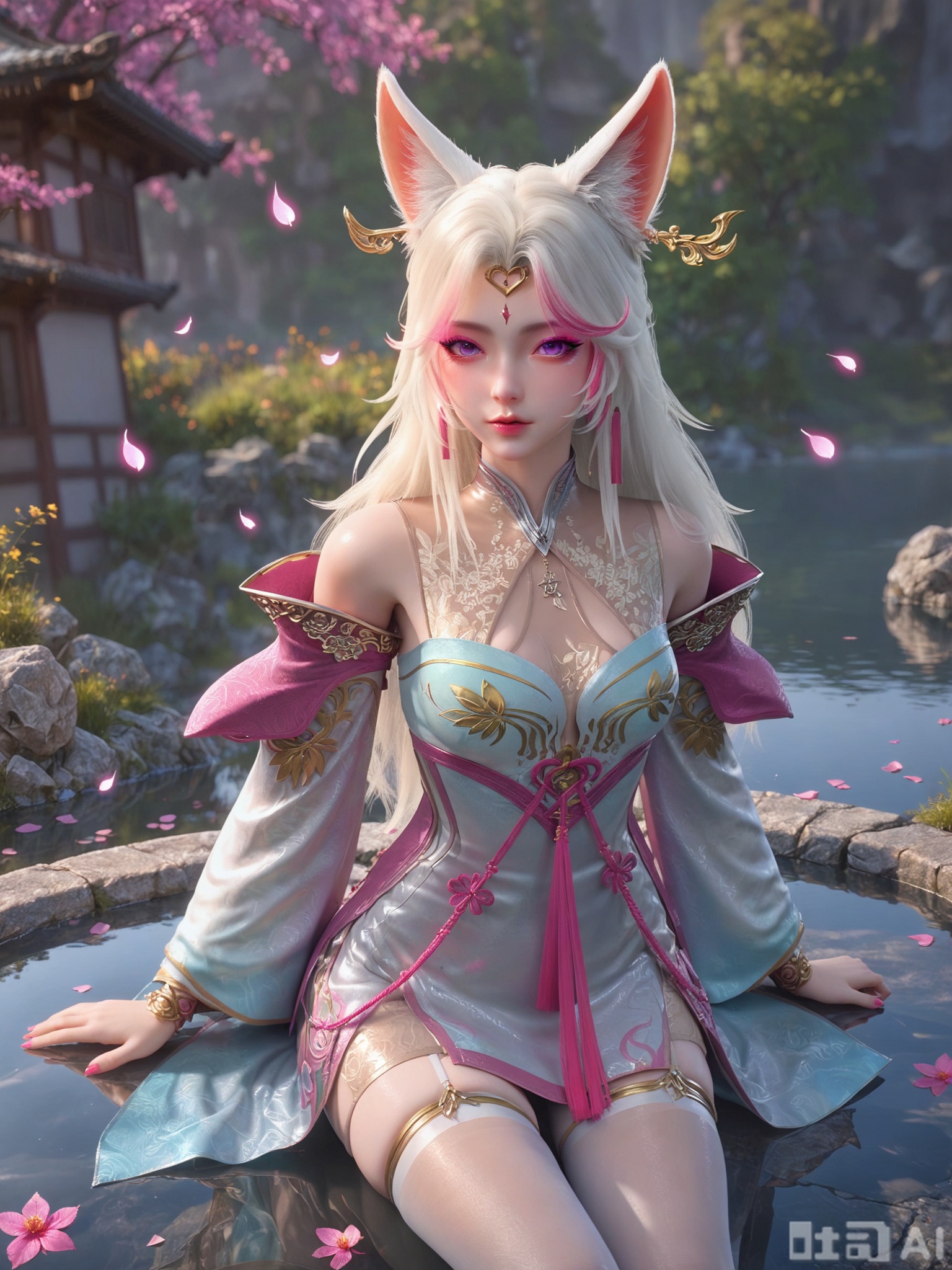 score_9,score_8_up,score_7_up,source_cartoon,source_anime,1girl,looking_at_viewer,realistic,Vivid Colors,bright environment,delicate water,hair_ornament,shiny skin,shiny hair,reflection,dress,falling petals,extreme detail description,(upper body:0.3),put one hand on your chest,long_hair,(skindentation:1.3),bright,sunshine on face,light,sweating,light,glowing,sunshine,bright,reflection,(pale_skin:1.3),white pantyhose,sitting_down,peach blossom,