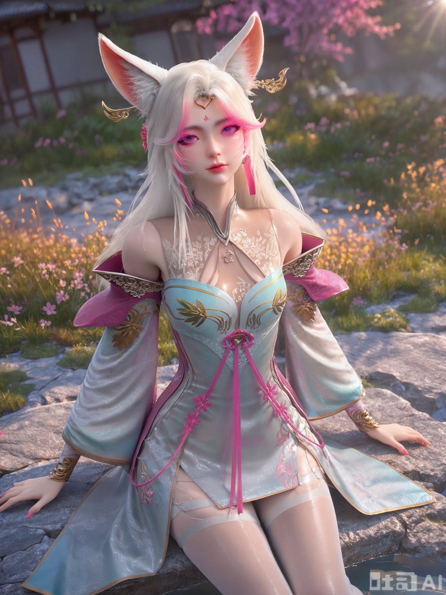 score_9,score_8_up,score_7_up,source_cartoon,source_anime,1girl,looking_at_viewer,realistic,Vivid Colors,bright environment,delicate water,hair_ornament,shiny skin,shiny hair,reflection,dress,falling petals,extreme detail description,(upper body:0.3),put one hand on your chest,long_hair,(skindentation:1.3),bright,sunshine on face,light,sweating,light,glowing,sunshine,bright,reflection,(pale_skin:1.3),white pantyhose,sitting_down,black-hair,outside,peach blossom,stream,Peach Blossom Grove,