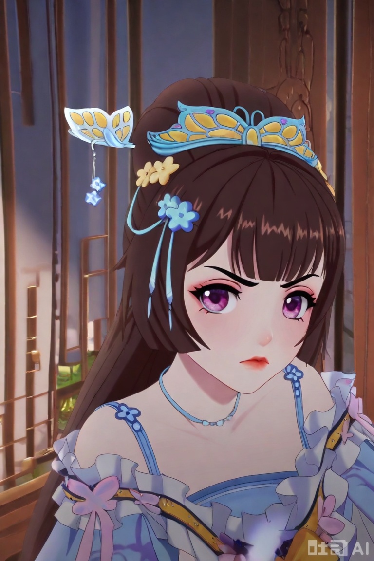 QYX,1girl, solo, long hair, looking at viewer, bangs, brown hair, hair ornament, closed mouth, purple eyes, indoors, lips, angry