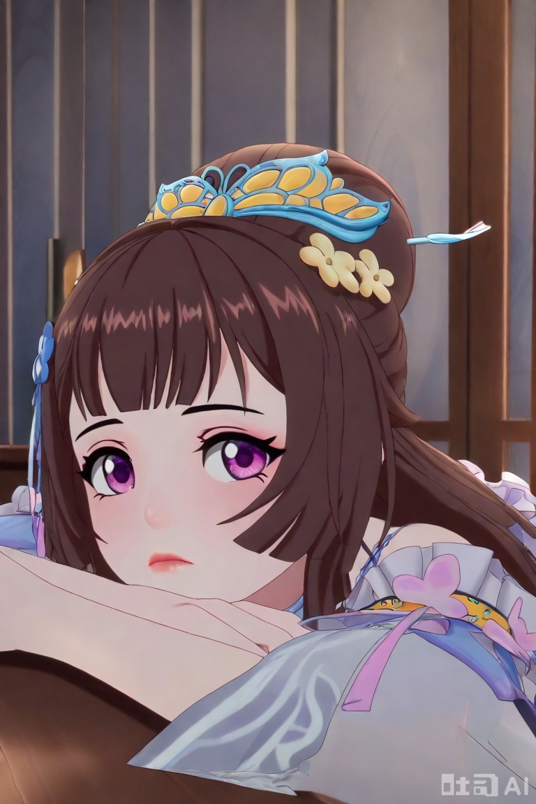 QYX,1girl, solo, long hair, looking at viewer, bangs, brown hair, hair ornament, closed mouth, purple eyes, indoors, lips, Lie prone on the windowsill,