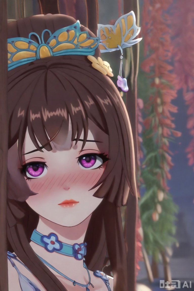 QYX,1girl, solo, long hair, looking at viewer, bangs, brown hair, hair ornament, closed mouth, purple eyes, lips, nose blush