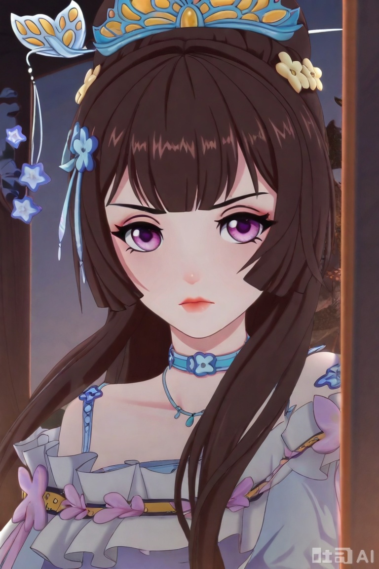 QYX,1girl, solo, long hair, looking at viewer, bangs, brown hair, hair ornament, closed mouth, purple eyes, lips, Roar,
