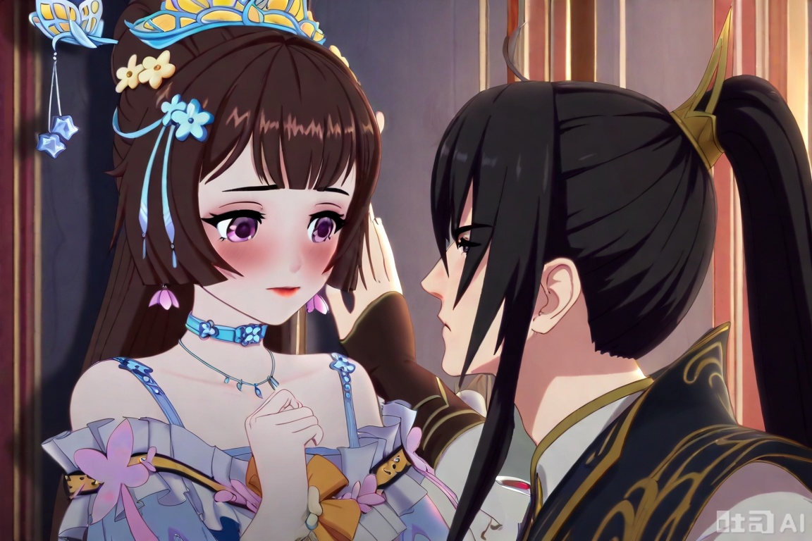 QYX,1girl, long hair, blush, brown hair, black hair, hair ornament, 1boy, dress, jewelry, purple eyes, upper body, ponytail, earrings, choker, necklace, looking at another, tiara, kabedon