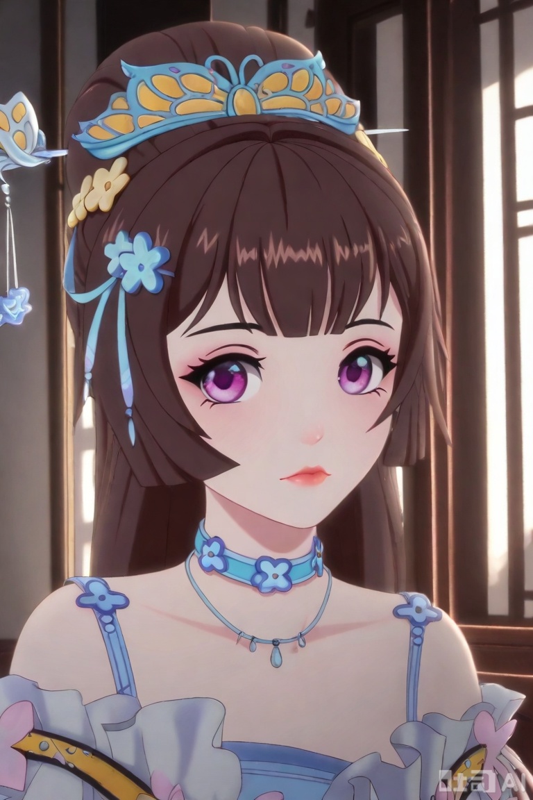 QYX,1girl, solo, long hair, looking at viewer, bangs, brown hair, hair ornament,  closed mouth, purple eyes, indoors, lips, 