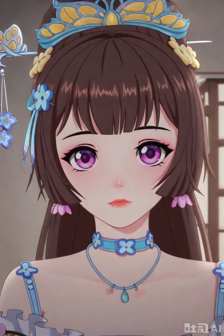 QYX,1girl, solo, long hair, looking at viewer, bangs, brown hair, hair ornament,  closed mouth, purple eyes, indoors, lips, 