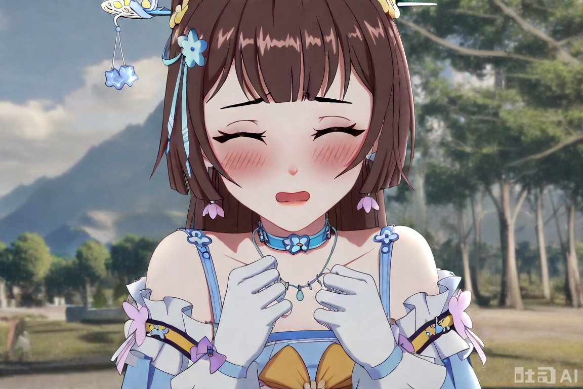 QYX,1girl, solo, blush, open mouth, bangs, brown hair, hair ornament, gloves, dress, bow, bare shoulders, jewelry, collarbone, closed eyes, earrings, outdoors, choker, white gloves, necklace, hair bun, blue dress, embarrassed, single hair bun, tiara, facing viewer, photo background