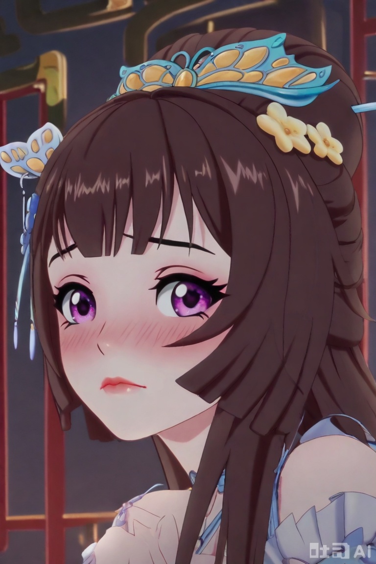 QYX,1girl, solo, long hair, looking at viewer, bangs, brown hair, hair ornament, closed mouth, purple eyes, lips, nose blush