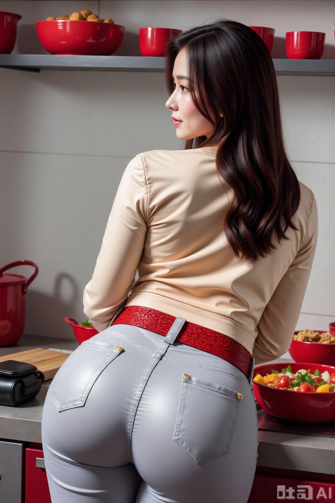 Photograph of an Asian woman with long,  dark brown hair and fair skin,  standing in a modern kitchen. She is turned sligh...