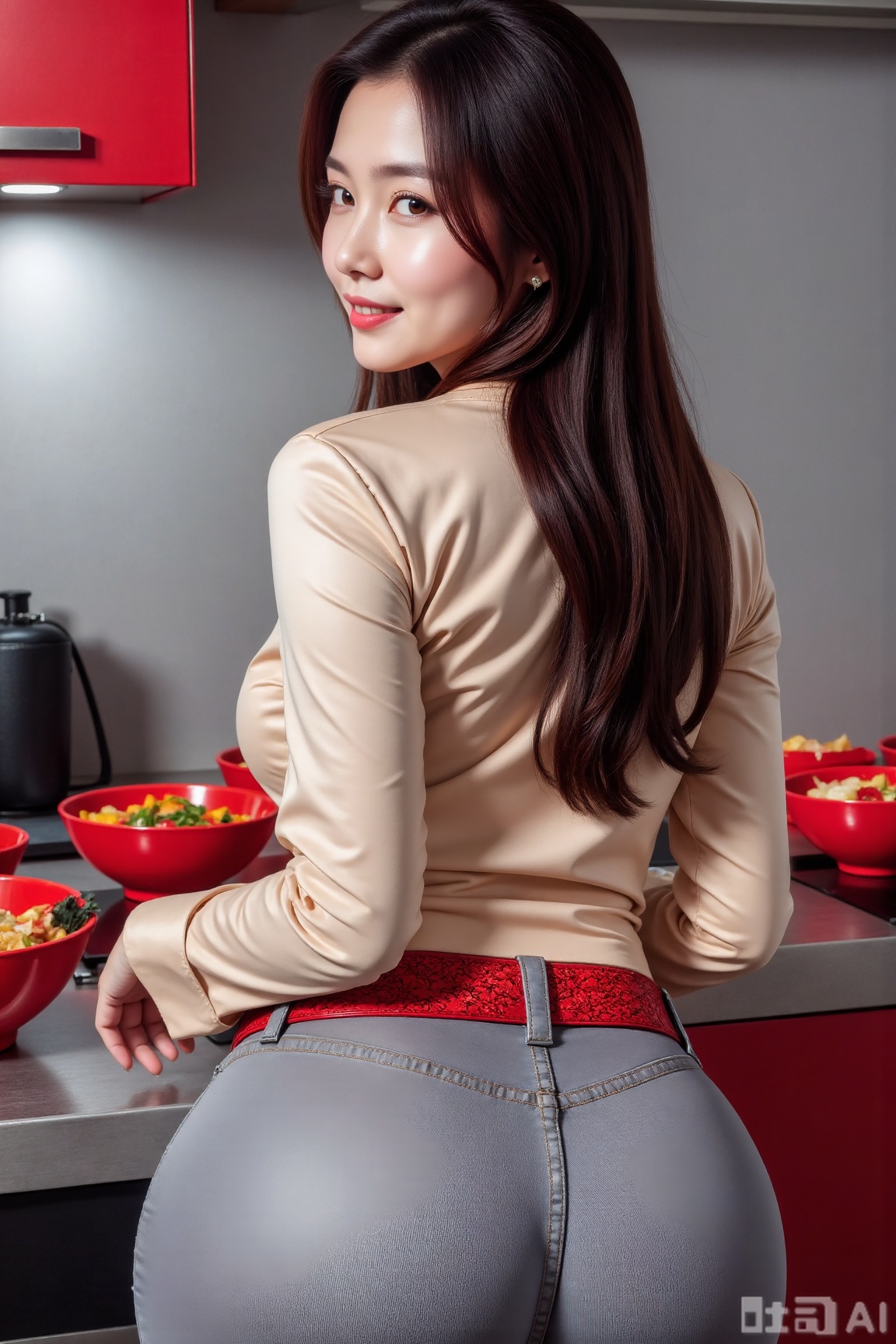 Photograph of an Asian woman with long,  dark brown hair and fair skin,  standing in a modern kitchen. She is turned sligh...