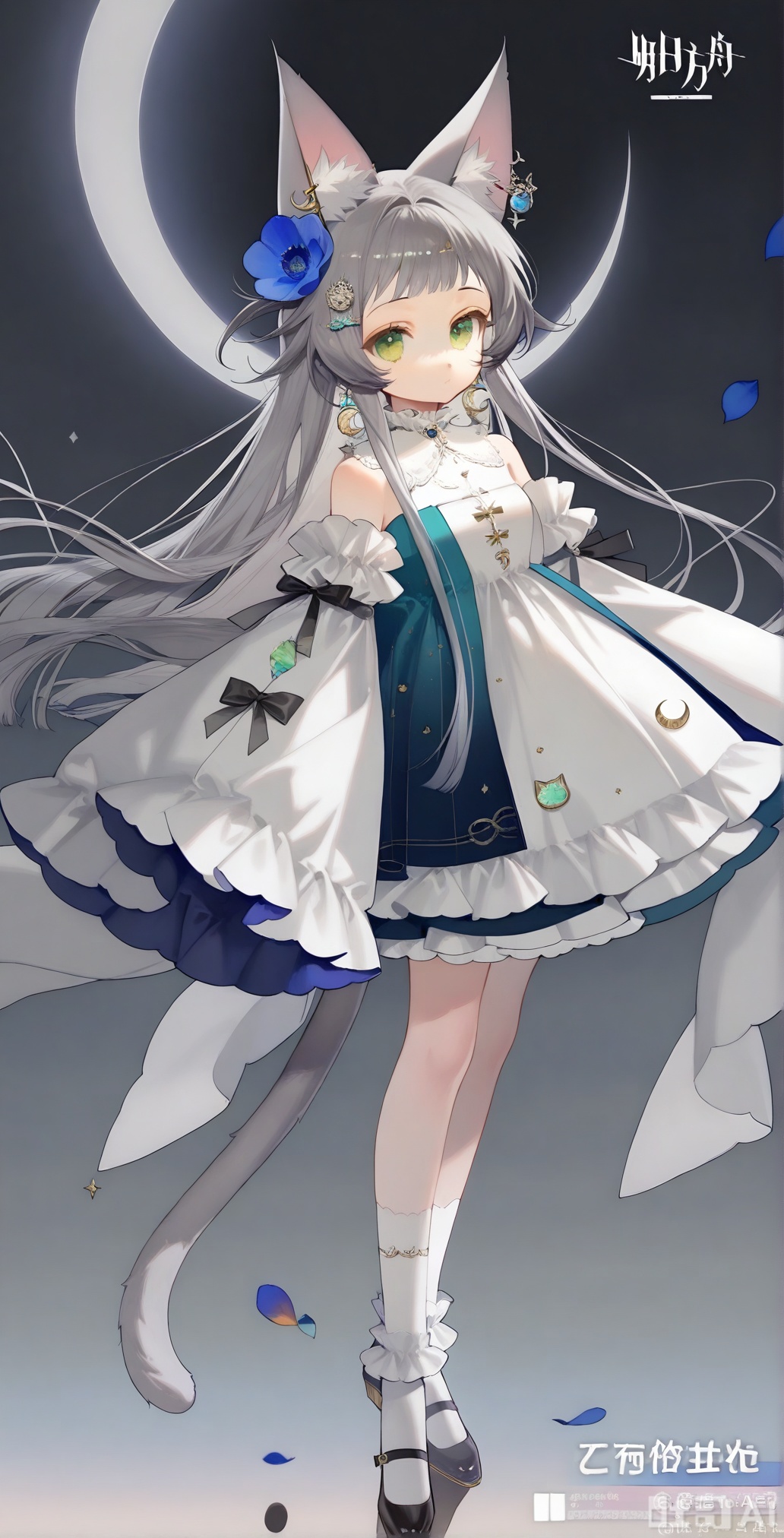 1girl, solo, long hair, looking at viewer, bangs, hair ornament, long sleeves, dress, bow, animal ears, bare shoulders, jewelry, very long hair, closed mouth, green eyes, standing, tail, full body, flower, grey hair, earrings, frills, detached sleeves, socks, puffy sleeves, cat ears, hair flower, wide sleeves, black footwear, white dress, cat tail, animal ear fluff, sleeves past wrists, petals, moon, frilled dress, cat girl, white socks, crescent, sleeves past fingers, blue flower, crescent moon