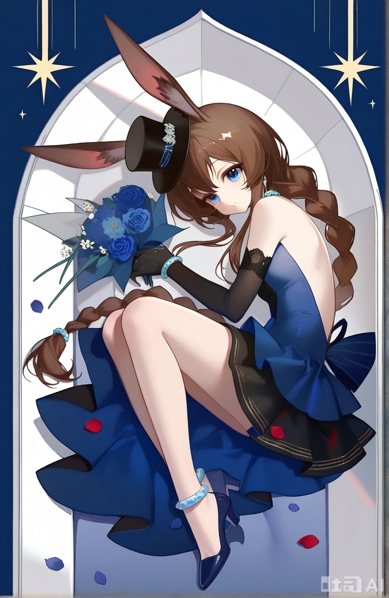 1girl, solo, long hair, looking at viewer, bangs, blue eyes, brown hair, gloves, hat, dress, holding, animal ears, jewelry, very long hair, braid, flower, lying, black gloves, elbow gloves, rabbit ears, black dress, high heels, official alternate costume, black headwear, blue dress, rose, on side, red flower, blue footwear, braided ponytail, bouquet, rabbit girl, holding flower, holding bouquet, 