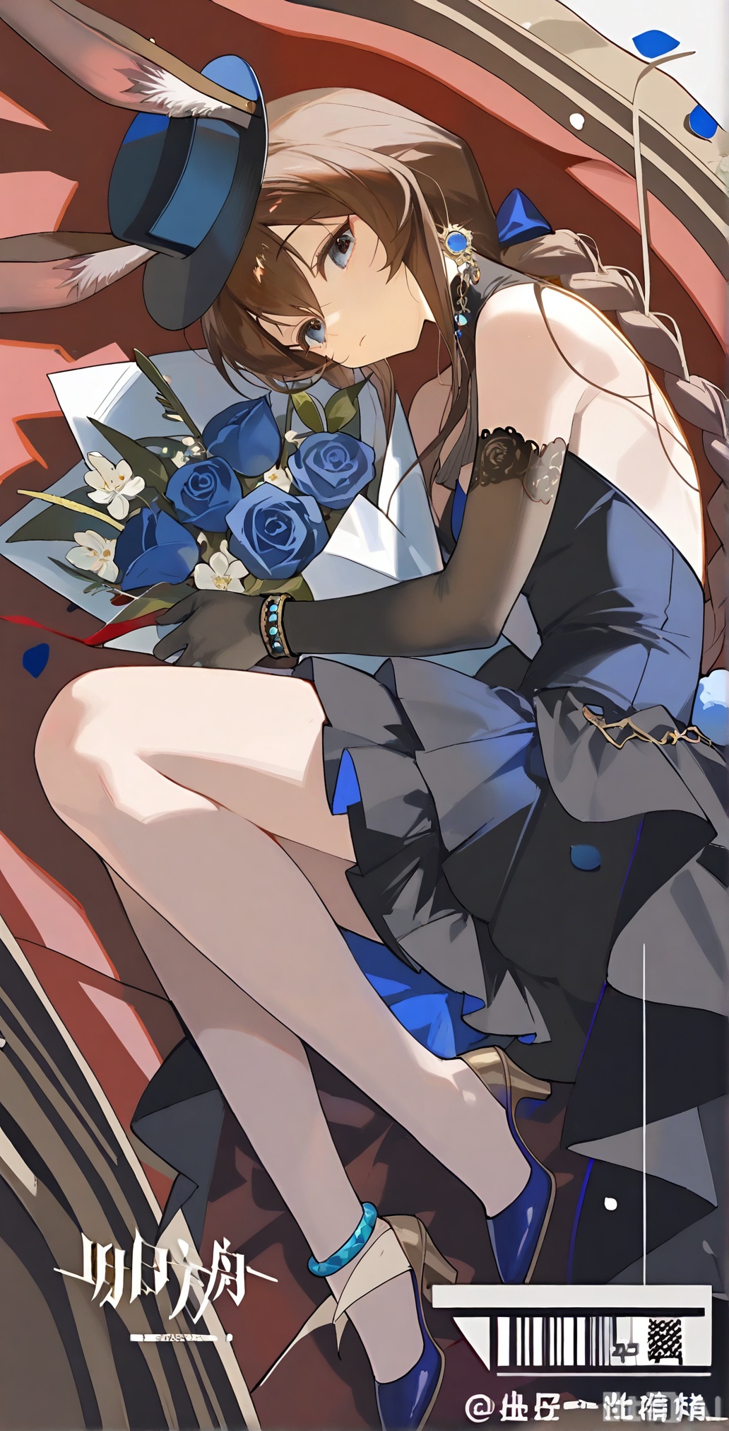 1girl, solo, long hair, looking at viewer, bangs, blue eyes, brown hair, gloves, hat, dress, holding, animal ears, jewelry, very long hair, braid, flower, lying, black gloves, elbow gloves, rabbit ears, black dress, high heels, official alternate costume, black headwear, blue dress, rose, on side, red flower, blue footwear, braided ponytail, bouquet, rabbit girl, holding flower, holding bouquet, 