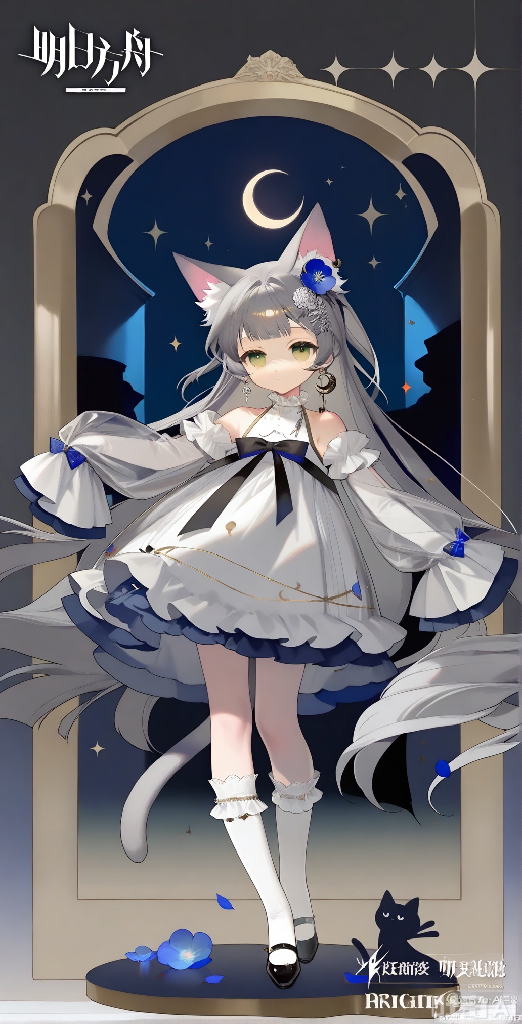 1girl, solo, long hair, looking at viewer, bangs, hair ornament, long sleeves, dress, bow, animal ears, bare shoulders, jewelry, very long hair, closed mouth, green eyes, standing, tail, full body, flower, grey hair, earrings, frills, detached sleeves, socks, puffy sleeves, cat ears, hair flower, wide sleeves, black footwear, white dress, cat tail, animal ear fluff, sleeves past wrists, petals, moon, frilled dress, cat girl, white socks, crescent, sleeves past fingers, blue flower, crescent moon