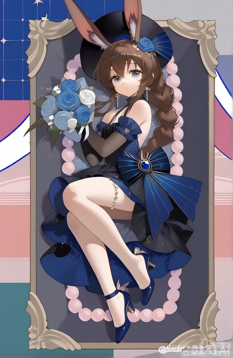 1girl, solo, long hair, looking at viewer, bangs, blue eyes, brown hair, gloves, hat, dress, holding, animal ears, jewelry, very long hair, braid, flower, lying, black gloves, elbow gloves, rabbit ears, black dress, high heels, official alternate costume, black headwear, blue dress, rose, on side, red flower, blue footwear, braided ponytail, bouquet, rabbit girl, holding flower, holding bouquet, 