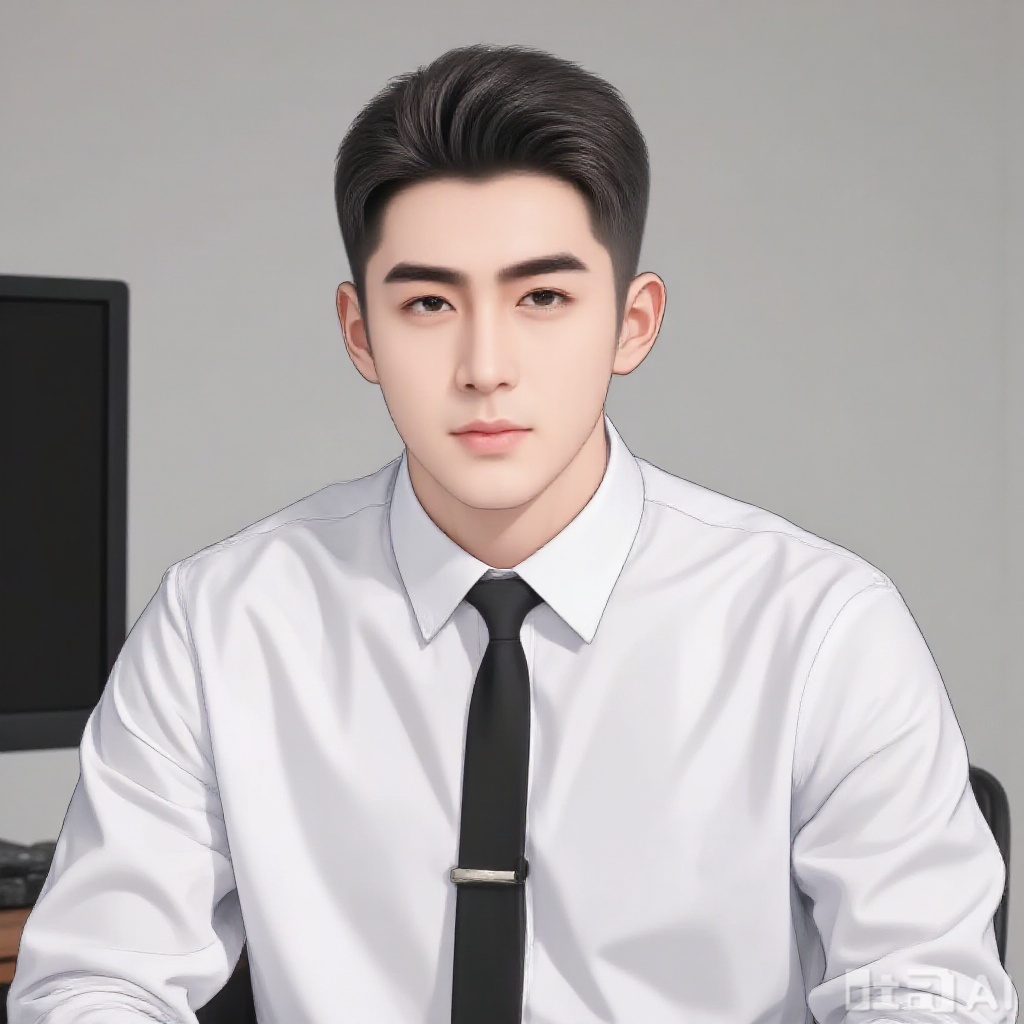Buzz cut, white shirt, tie, sitting in front of computer