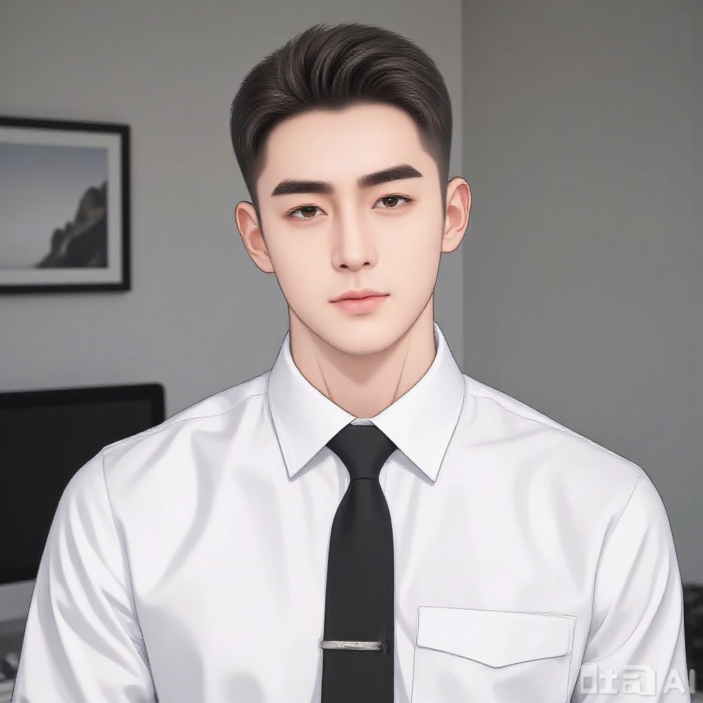 Buzz cut, white shirt, tie, sitting in front of computer