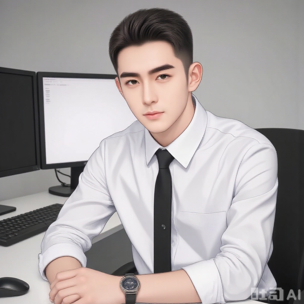 Buzz cut, white shirt, tie, sitting in front of computer