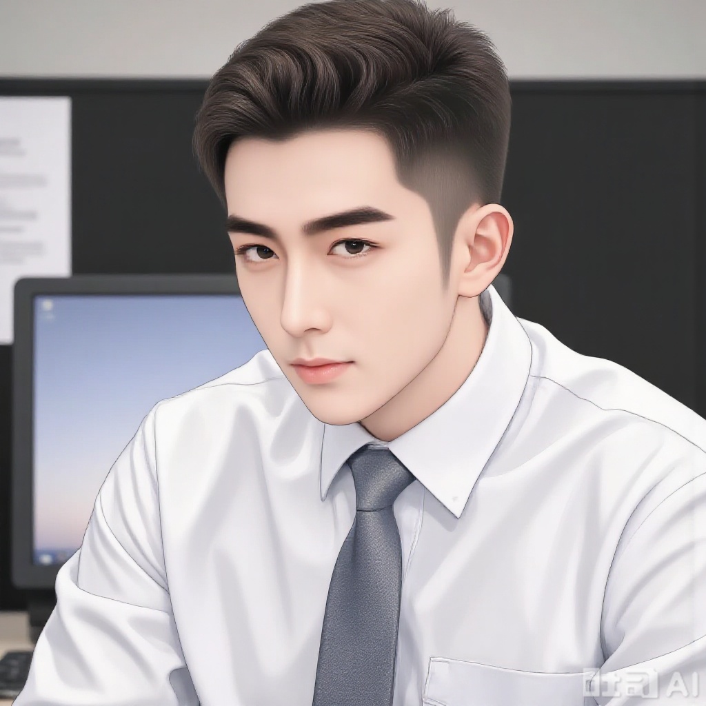 Buzz cut, white shirt, tie, sitting in front of computer