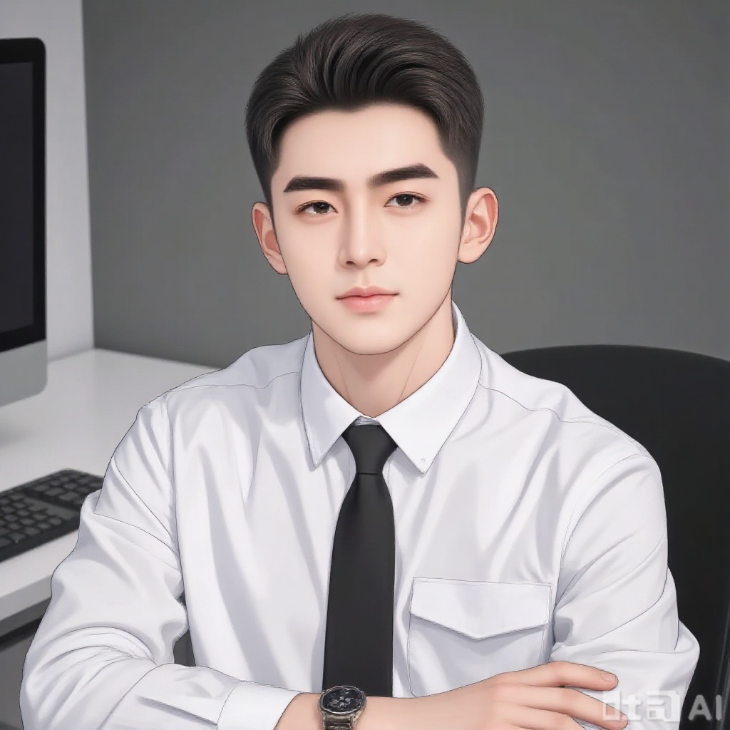 Buzz cut, white shirt, tie, sitting in front of computer
