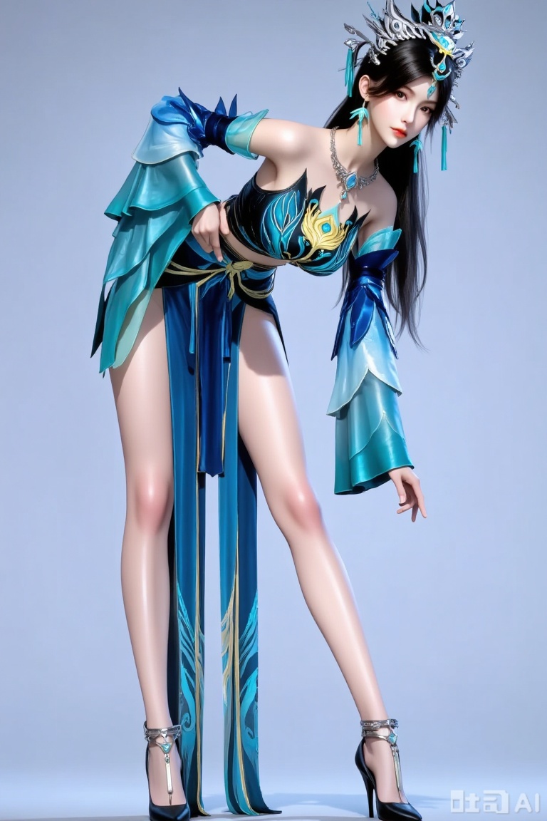 
1girl

solo

long hair

breasts

looking at viewer

blue eyes

black hair

hair ornament

dress

bare shoulders

jewelry

full body

earrings

detached sleeves

necklace

high heels

legs

bare legs

leaning forward

blue dress

bent over

long legs

anklet

yunwangshu