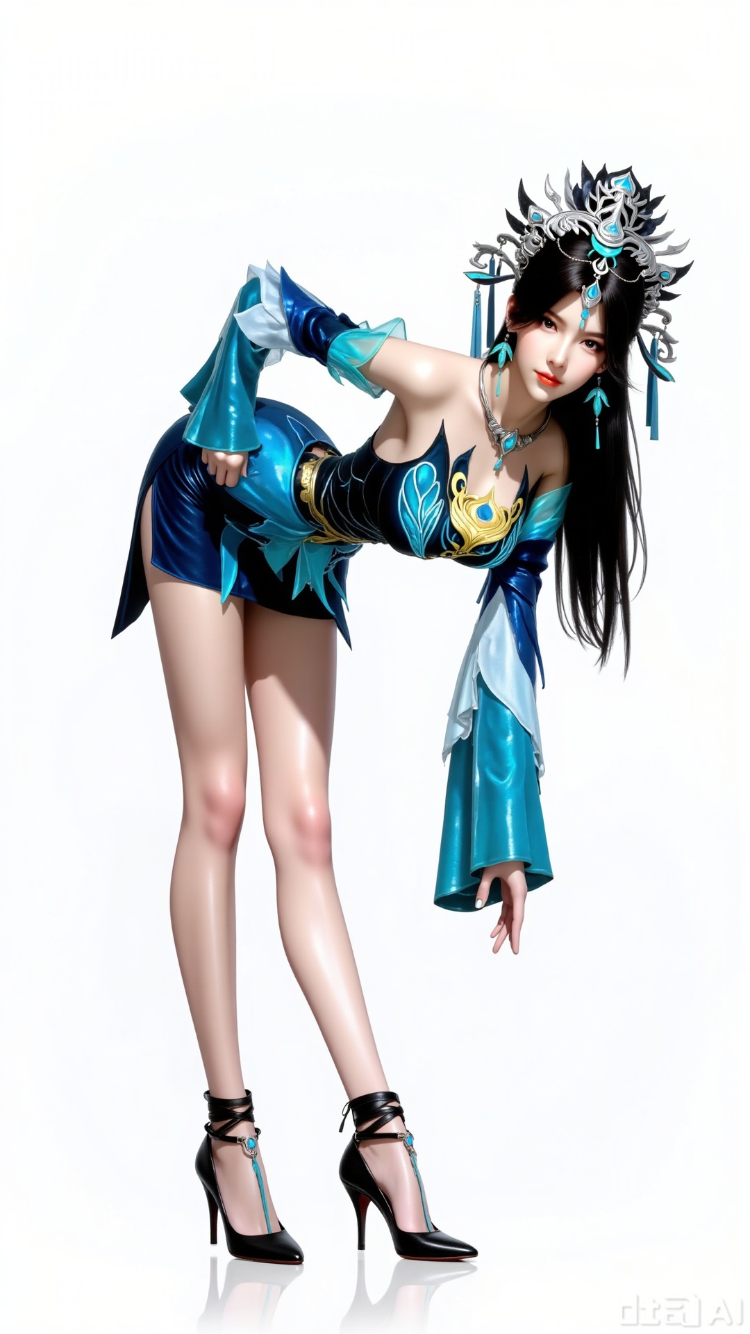 
1girl

solo

long hair

breasts

looking at viewer

blue eyes

black hair

hair ornament

dress

bare shoulders

jewelry

full body

earrings

detached sleeves

necklace

high heels

legs

bare legs

leaning forward

blue dress

bent over

long legs

anklet

yunwangshu
