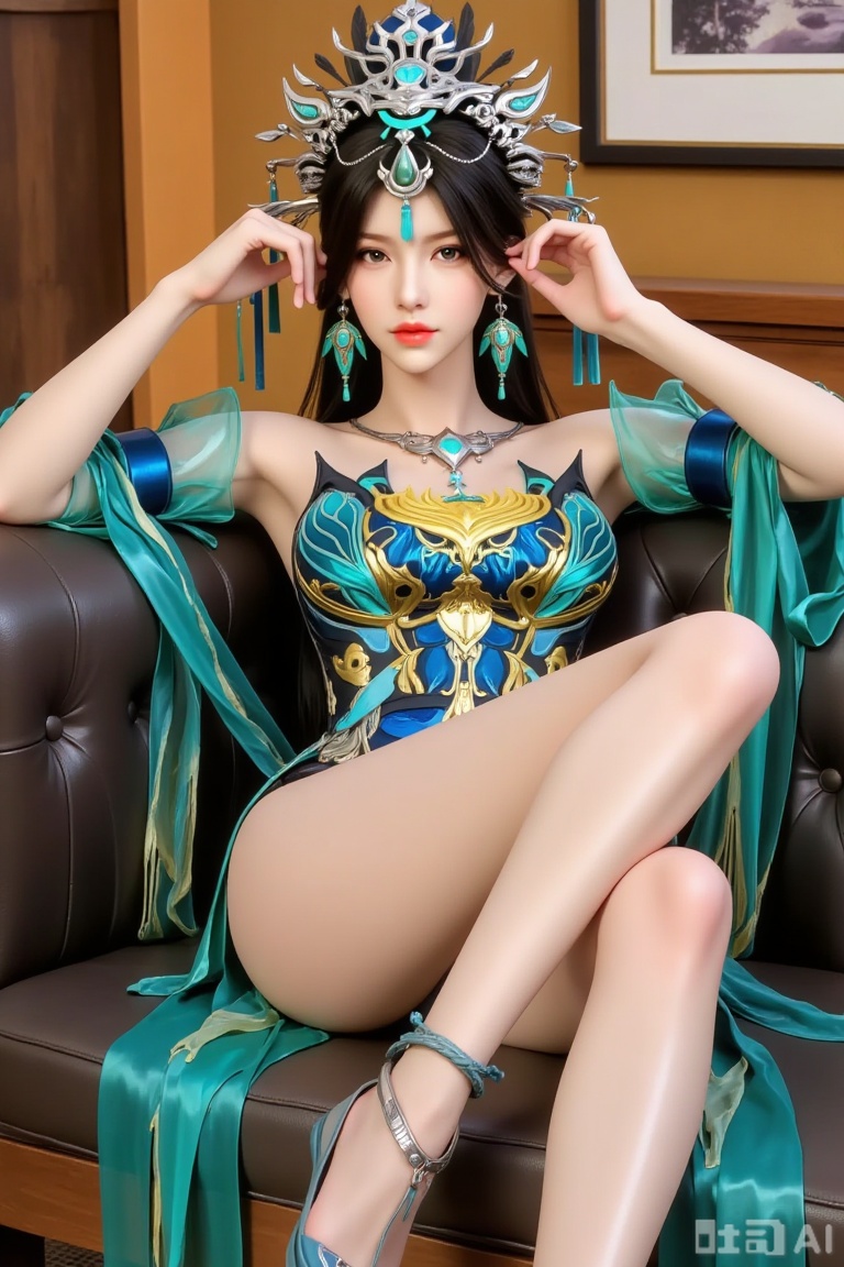 
1girl

solo

long hair

black hair

hair ornament

dress

jewelry

sitting

earrings

legs

bare legs

blue dress

crossed legs

couch

green dress

yunwangshu