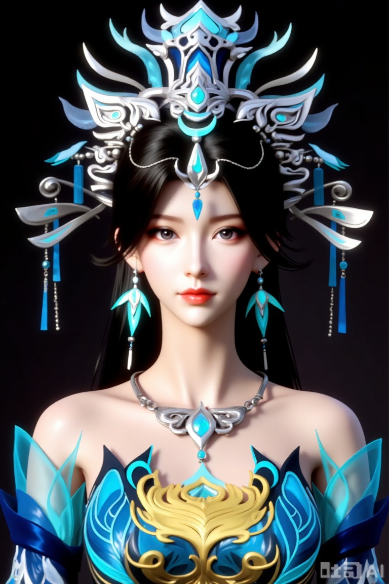 
1girl

solo

long hair

black hair

hair ornament

dress

bare shoulders

jewelry

upper body

earrings

necklace

blue dress

black background

dark background

yunwangshu