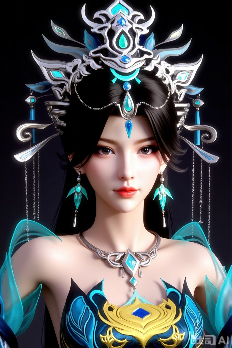 
1girl

solo

long hair

black hair

hair ornament

dress

bare shoulders

jewelry

upper body

earrings

necklace

blue dress

black background

dark background

yunwangshu