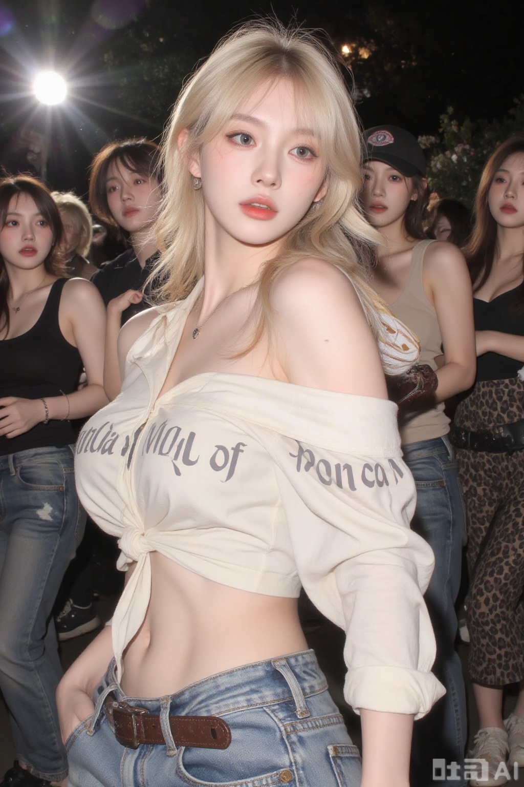 1 girl, solo, long hair, looking at the audience, blue eyes, blonde hair, shirt, big breasts, cleavage, hat, jewelry, abdomen, belt, off shoulder, off navel top, denim clothing, clothing writing