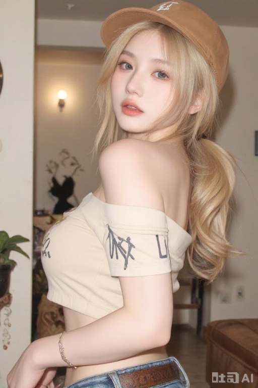 1girl, solo, long hair, looking at viewer, blue eyes, blonde hair, shirt, hat, jewelry, midriff, belt, off shoulder, crop top, denim, clothes writing