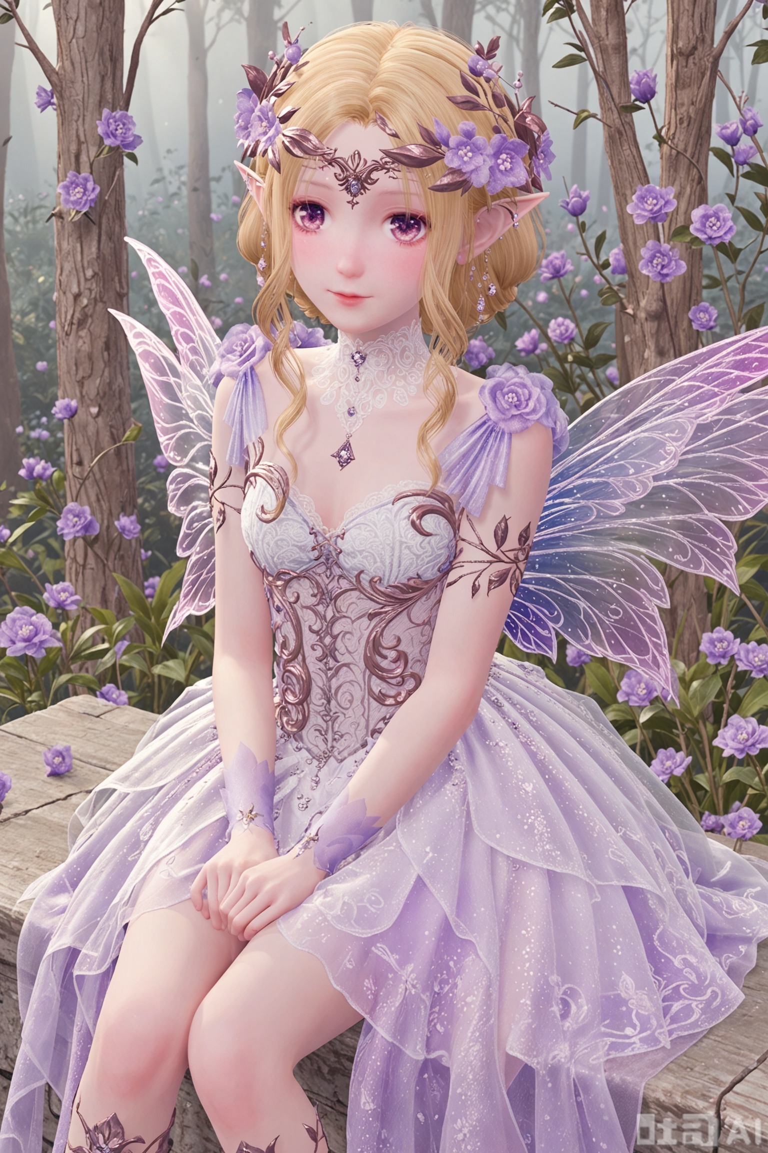 1girl, solo, looking at viewer, blonde hair, hair ornament, dress, purple eyes, flower, wings, pointy ears, hair flower, white dress, purple flower, fairy wings, fairy, butterfly wings,sitting,legs,