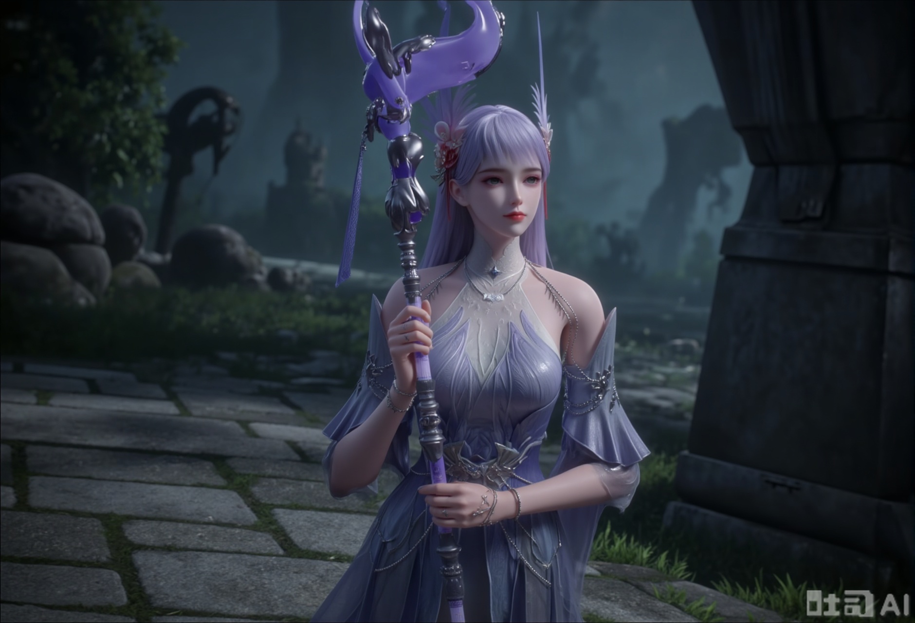 A beautiful, ethereal woman stands on a misty, ancient stone pathway. She has pale skin and long, lavender hair adorned with delicate feathers and a small flower. Her dress is a flowing, sheer lavender gown with intricate lace detailing, revealing her shoulders and part of her chest. She holds a staff with a purple orb at the top. The background is a mystical, overgrown forest with large, moss-covered stones. The lighting is soft and diffused, creating a dreamy, otherworldly atmosphere. The style is fantasy art with a focus on elegance and mystique.