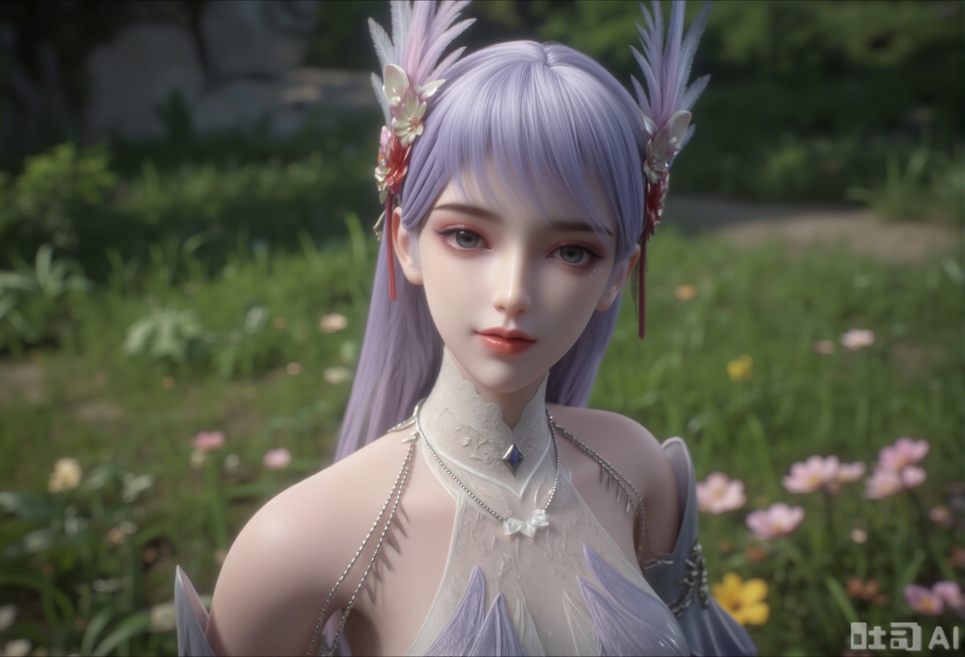 Photorealistic CGI of a young woman with long, pale lavender hair and large, expressive blue eyes. She has a delicate, ethereal face with subtle makeup and a small, pointed nose. She wears an ornate, silver choker with a large, dangling gemstone. The background features a lush, green landscape with blooming flowers and soft, natural lighting. The woman's expression is serene and slightly melancholic. The style is reminiscent of fantasy art, with a focus on intricate details and a soft color palette. The image has a dreamy, almost magical quality, with a slight blur in the background to emphasize the subject.,zichu-LZY