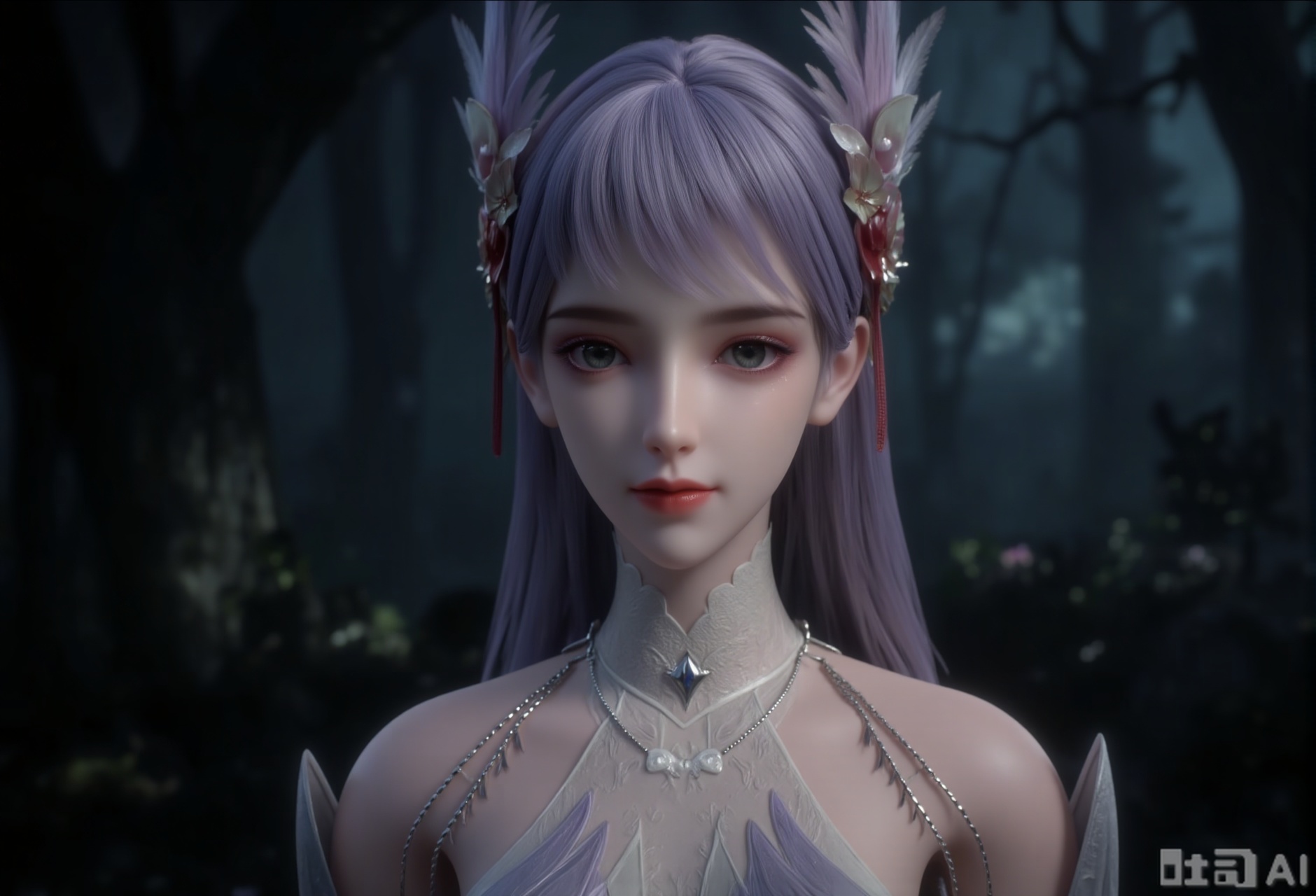 This is a digital fantasy art work, the protagonist is a young and ethereal woman with long lilac hair and a floral wig in white and red. She has fair skin, large expressive purple eyes, and delicate and quiet expressions. Her outfit is a delicate white sleeveless dress with intricate lace patterns and silver chains
The background is a mysterious and dreamy forest with glowing trees, the lights are soft and ethereal, casting a soft light on her face and clothes. The art style is realistic, with a hint of fantasy, reminiscent of video game character design.,zichu-LZY