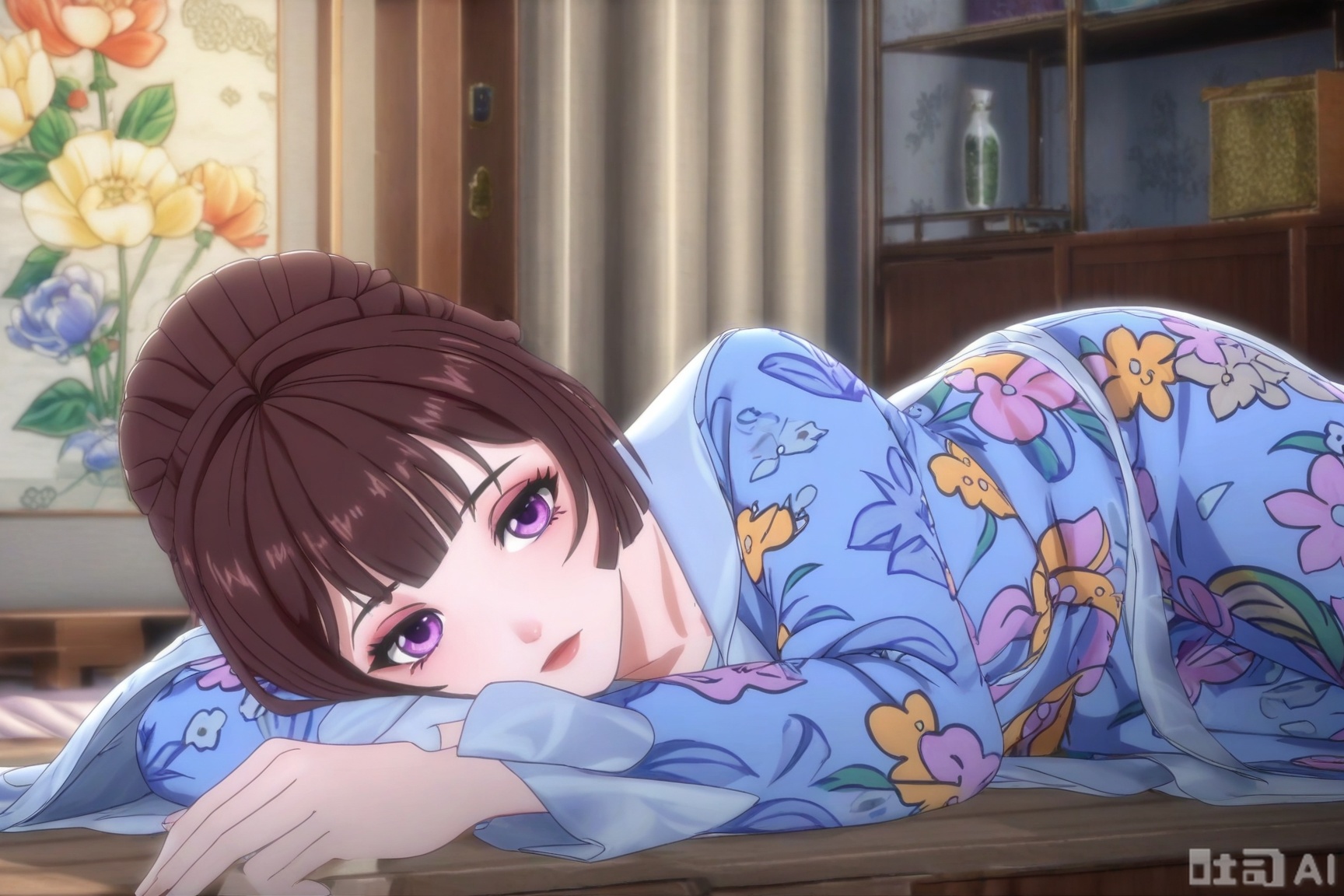 1girl, solo, looking at viewer, short hair, bangs, brown hair, purple eyes, lying, indoors, makeup, on side, floral print, blanket, quilt,pajamas, distribute,Side lying,QYX